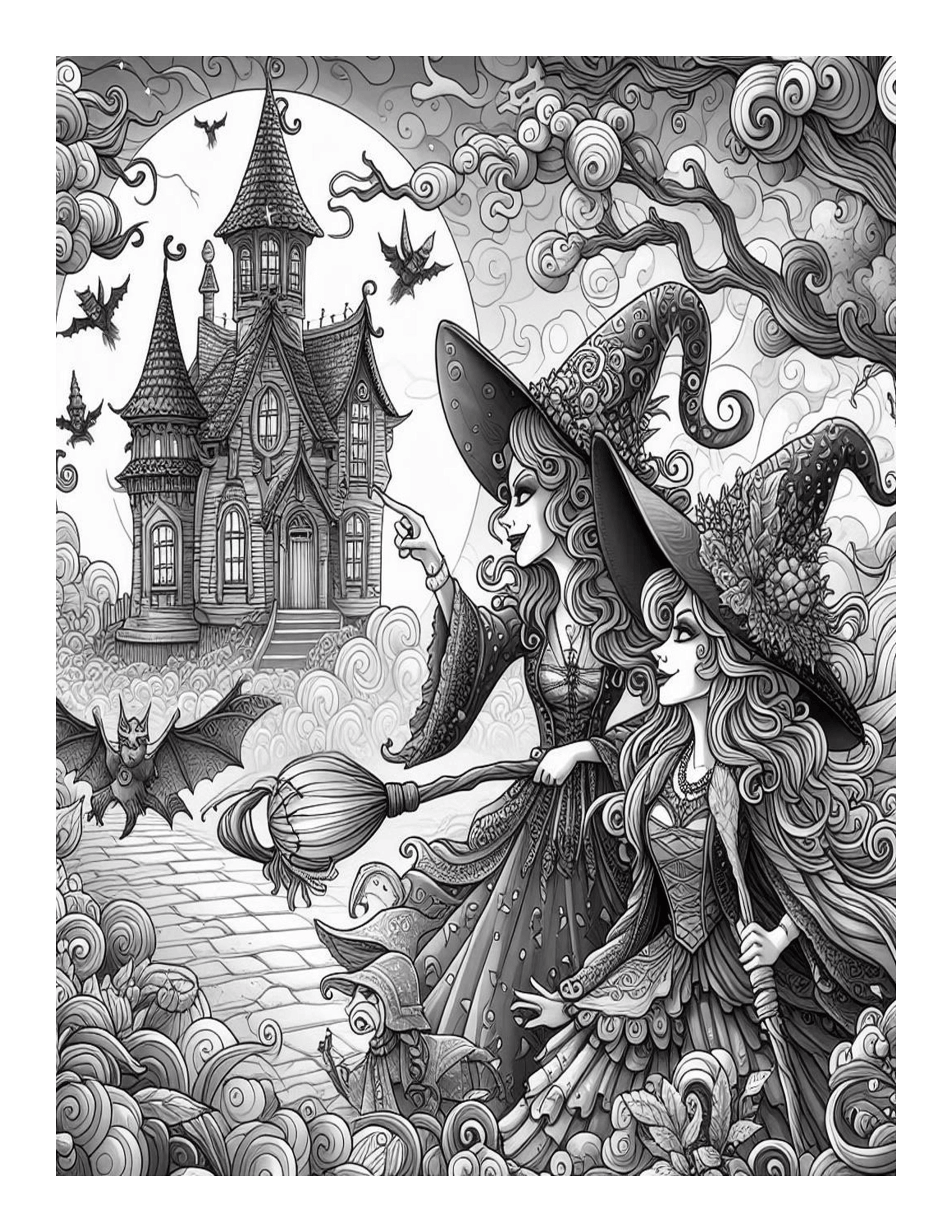 Grayscale Wicked Witches Coloring Pages: Features 25 Printable Coloring Pages