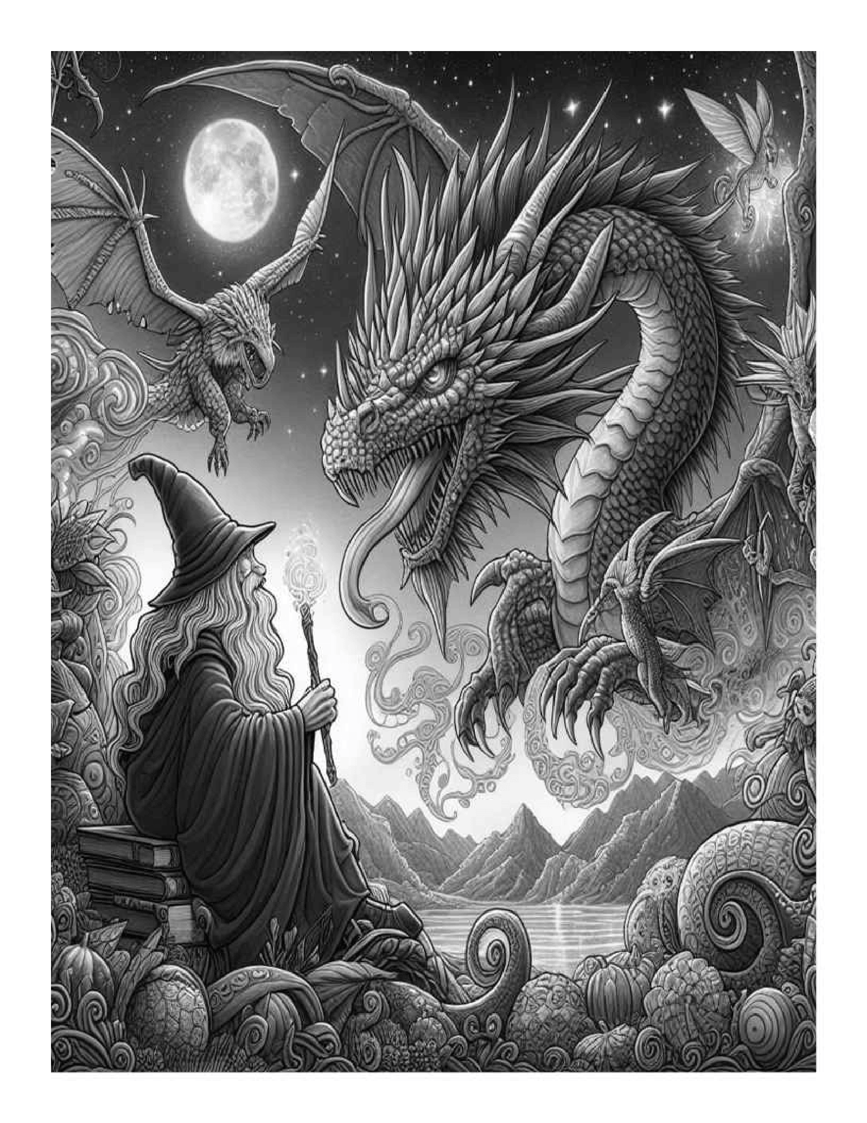 Grayscale Dragon and the Wizard Coloring Pages for Adults (Printable PDF)