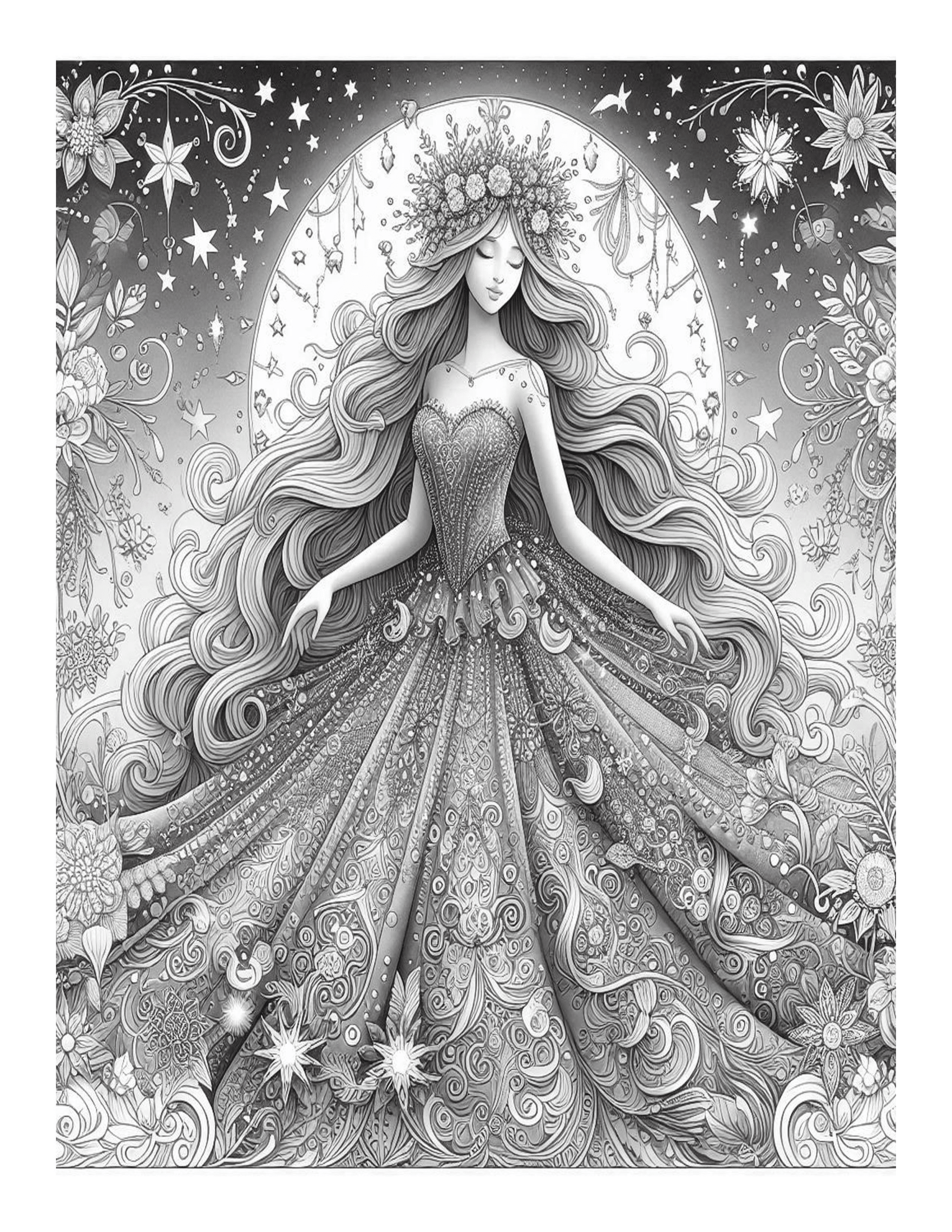 Grayscale Whimsical Princess Coloring Pages