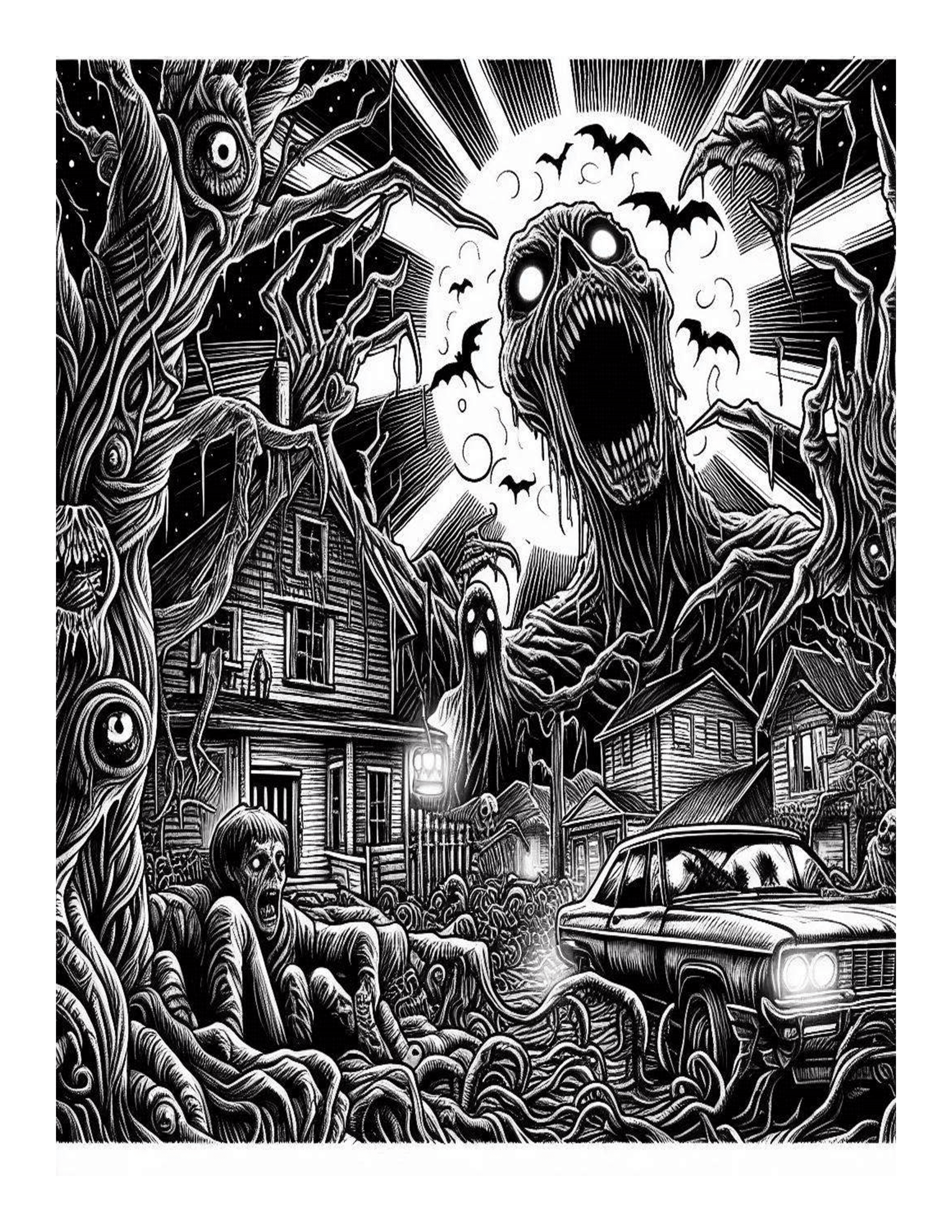 Grayscale Nightmare Horror Halloween Coloring Pages 