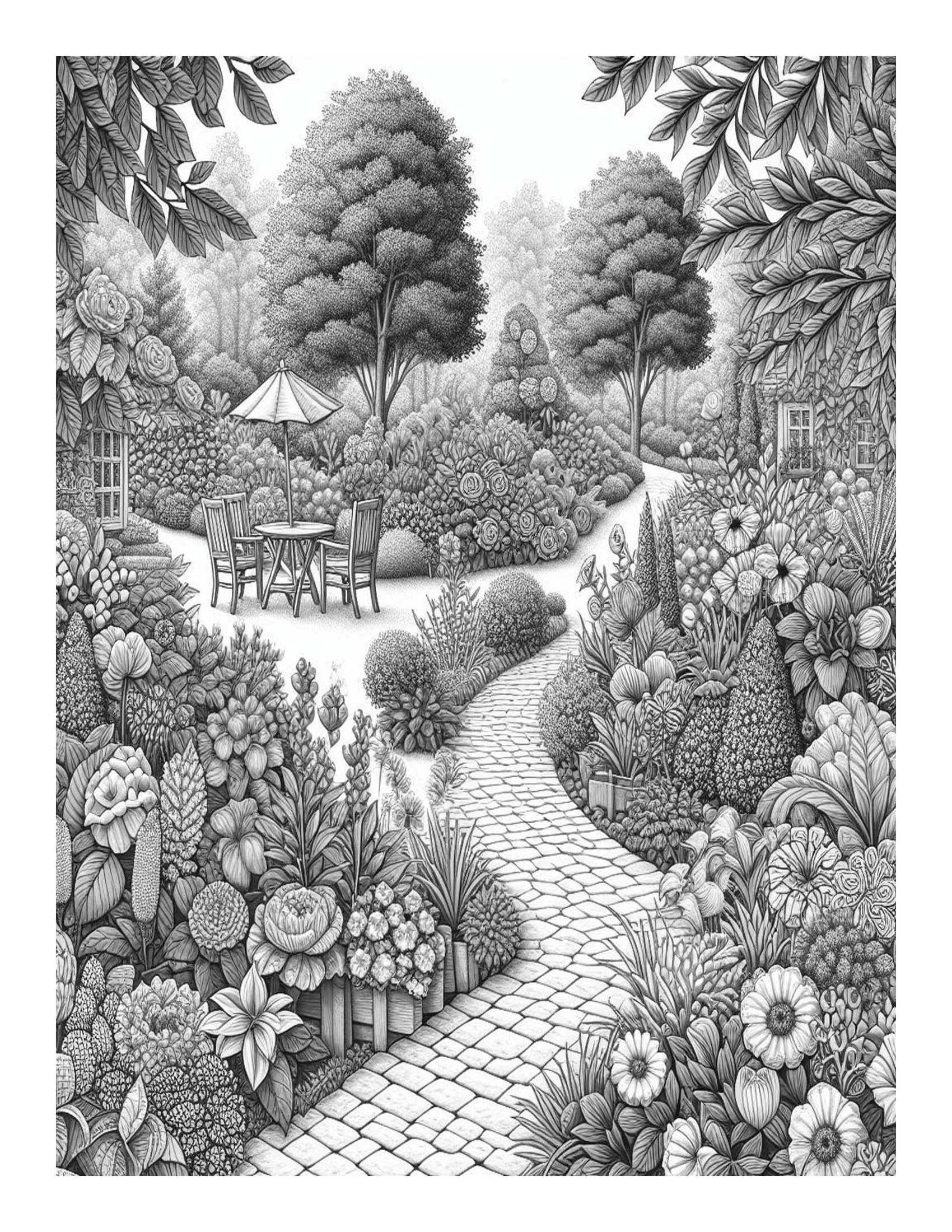 Grayscale Cozy Garden Features 25 Printable Coloring Pages 