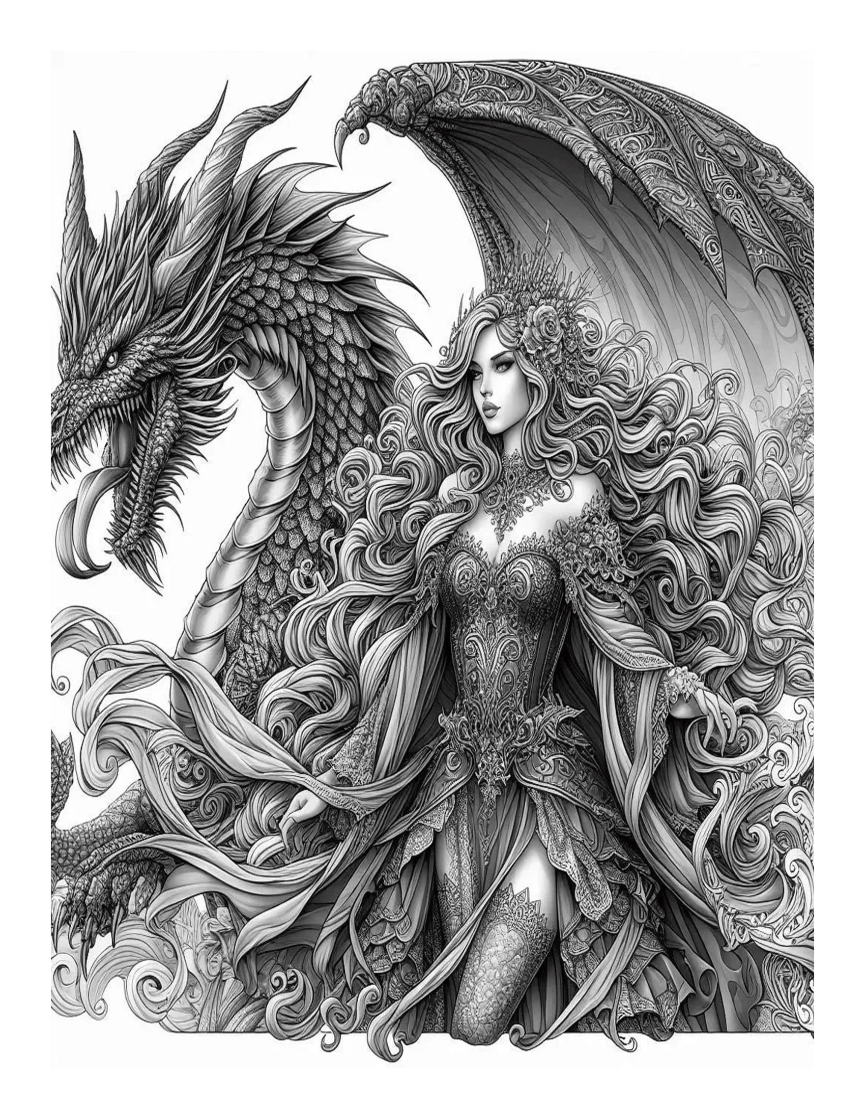 Grayscale The Vampire Lady and the Dragon Features 25 Printable Coloring Pages for Adults 