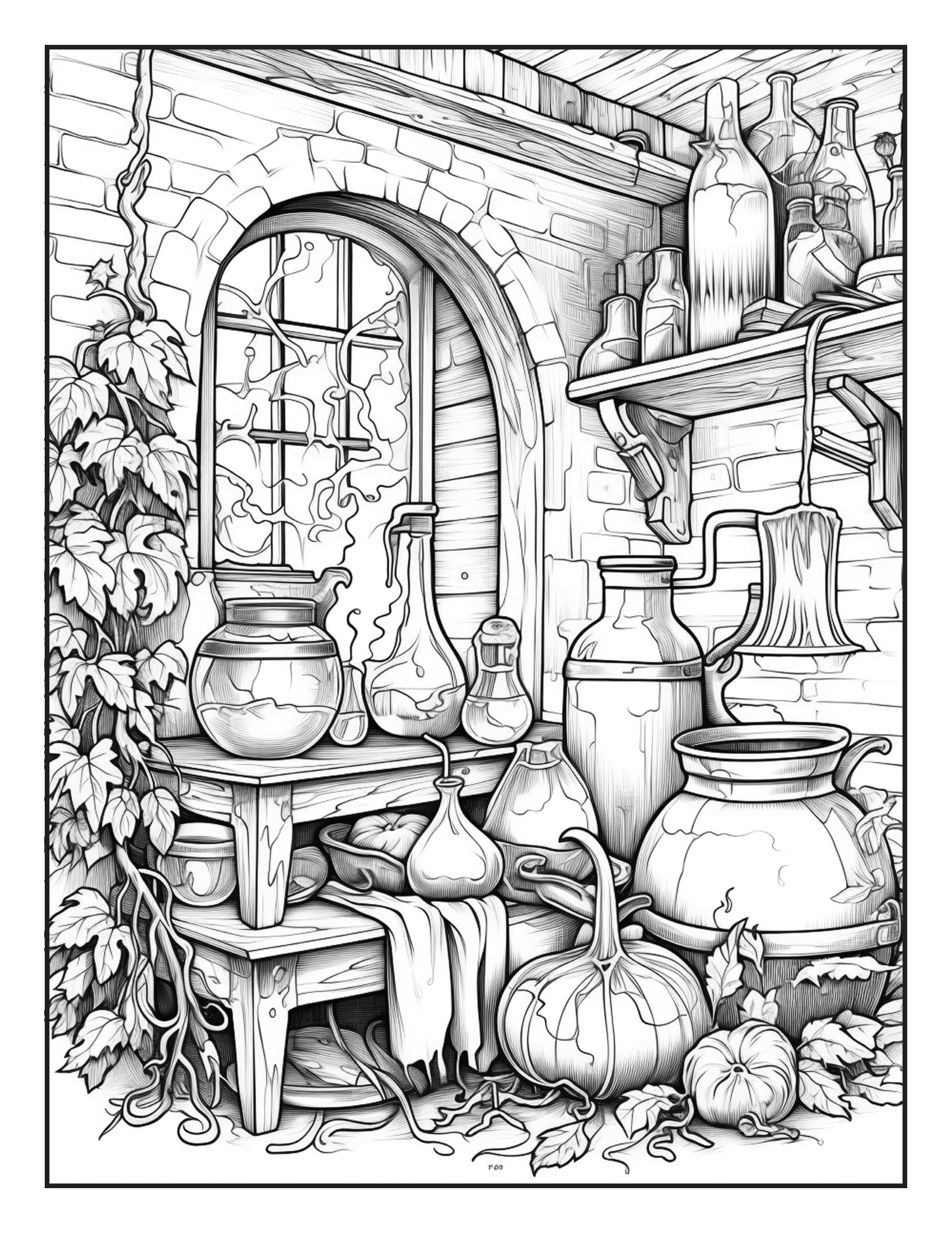 Grayscale Fantasy Country Kitchen Features 25 Printable Coloring Pages for Adults   