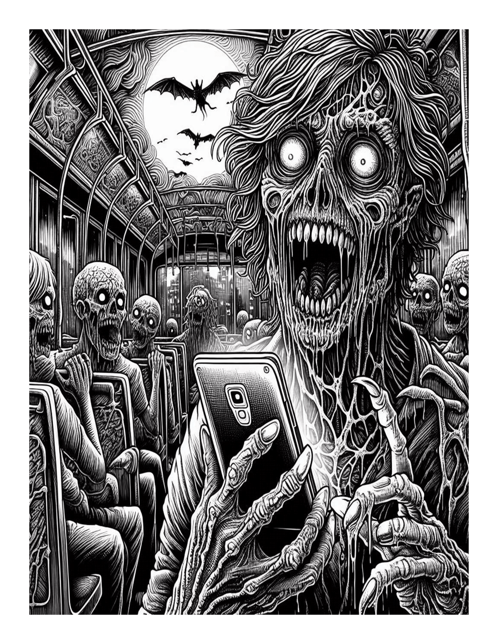 Grayscale Terrifying Horror Coloring Pages