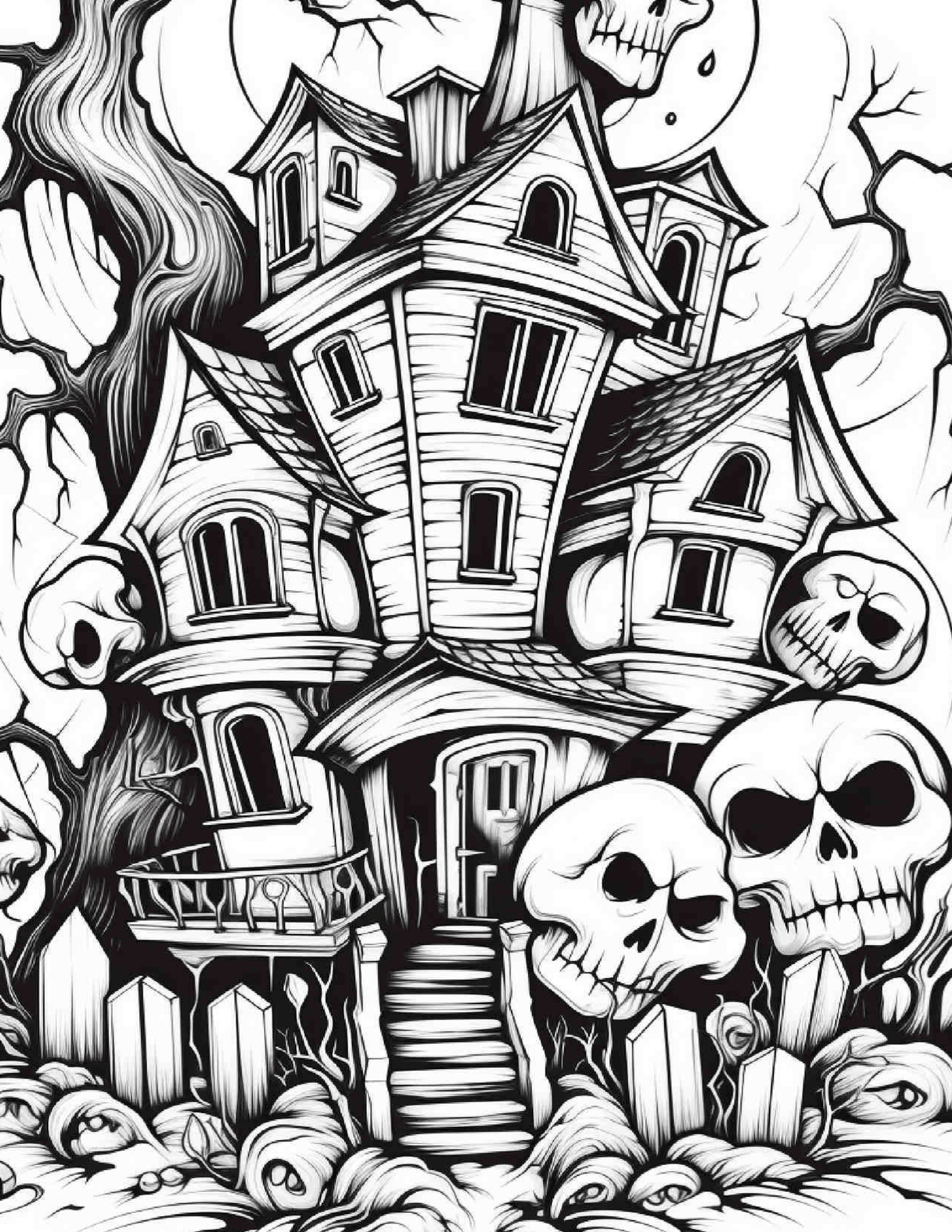 Grayscale Haunted Houses Features 25 Printable Coloring Pages for Adults 