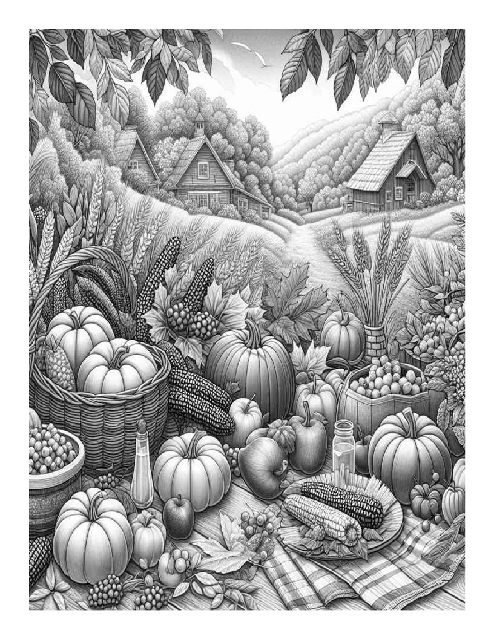 Grayscale Autumn Harvest Scenes Coloring Pages (Printable PDF)