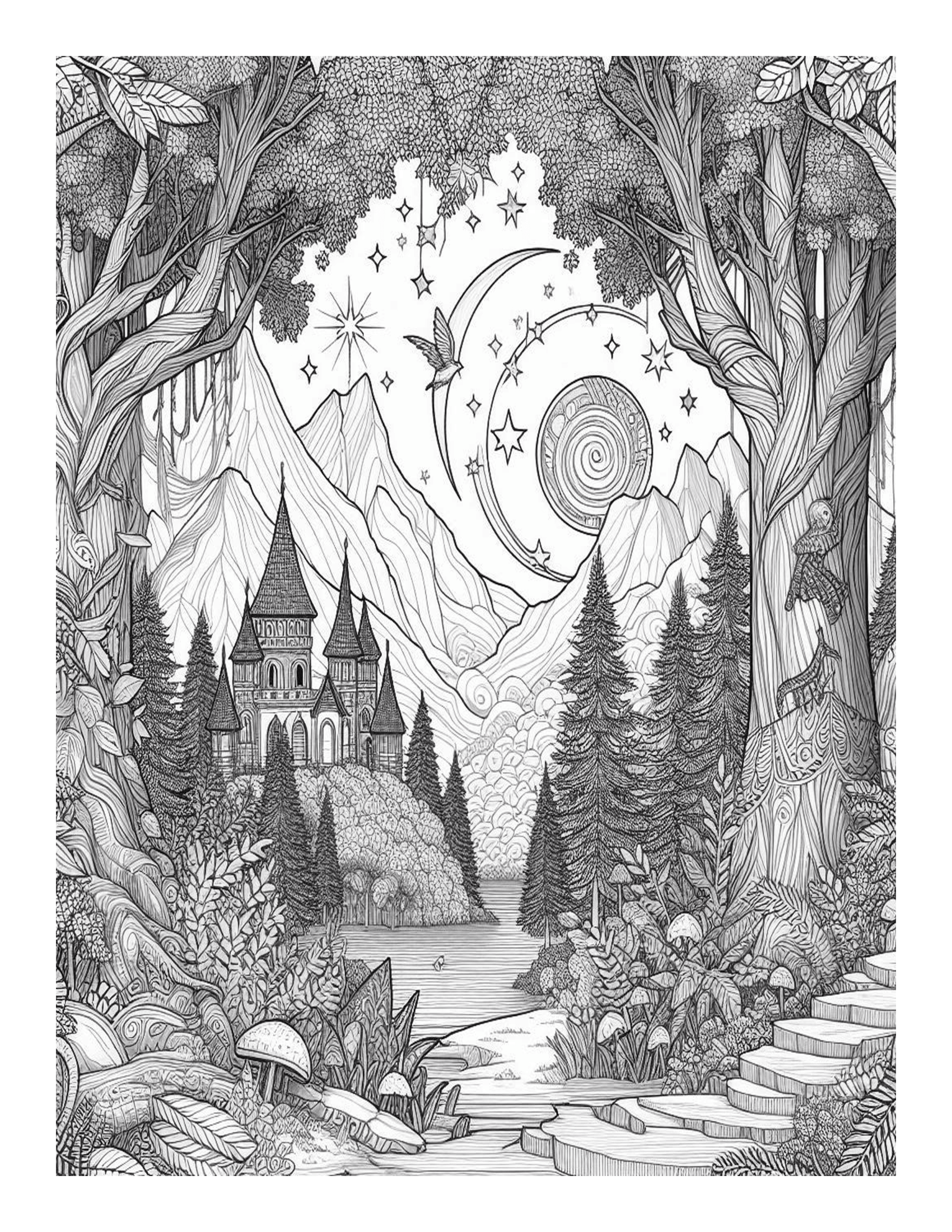 Grayscale Magical Forest Features 25 Printable Coloring Pages 