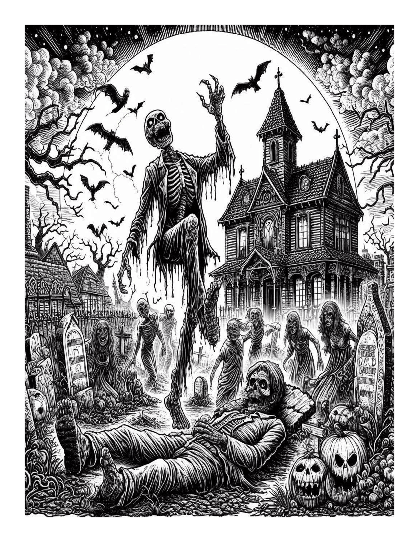 Grayscale The Graveyard Horror Coloring Pages 