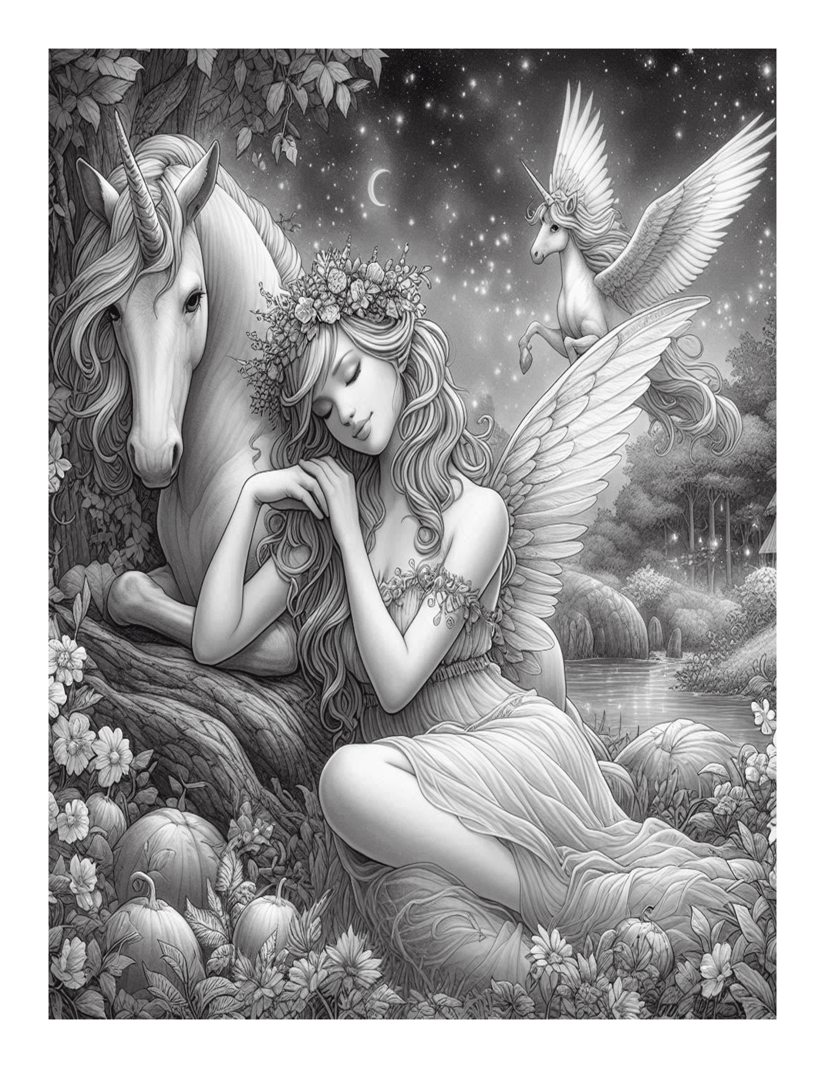 Grayscale Fairy and the Unicorn Coloring Pages 