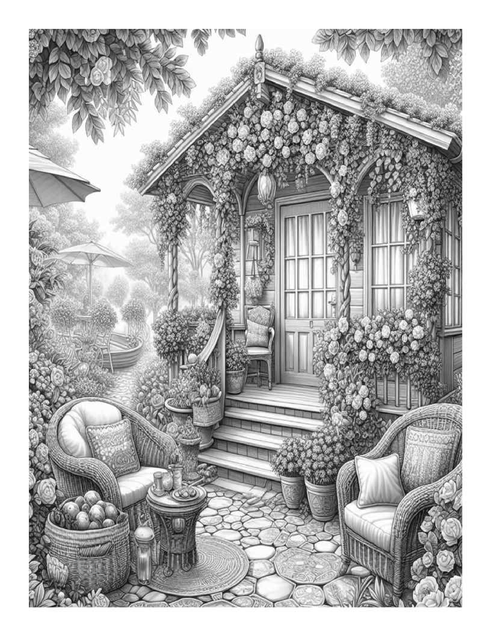 Grayscale Beautiful Cozy Garden Coloring Pages for Adults (Printable PDF)
