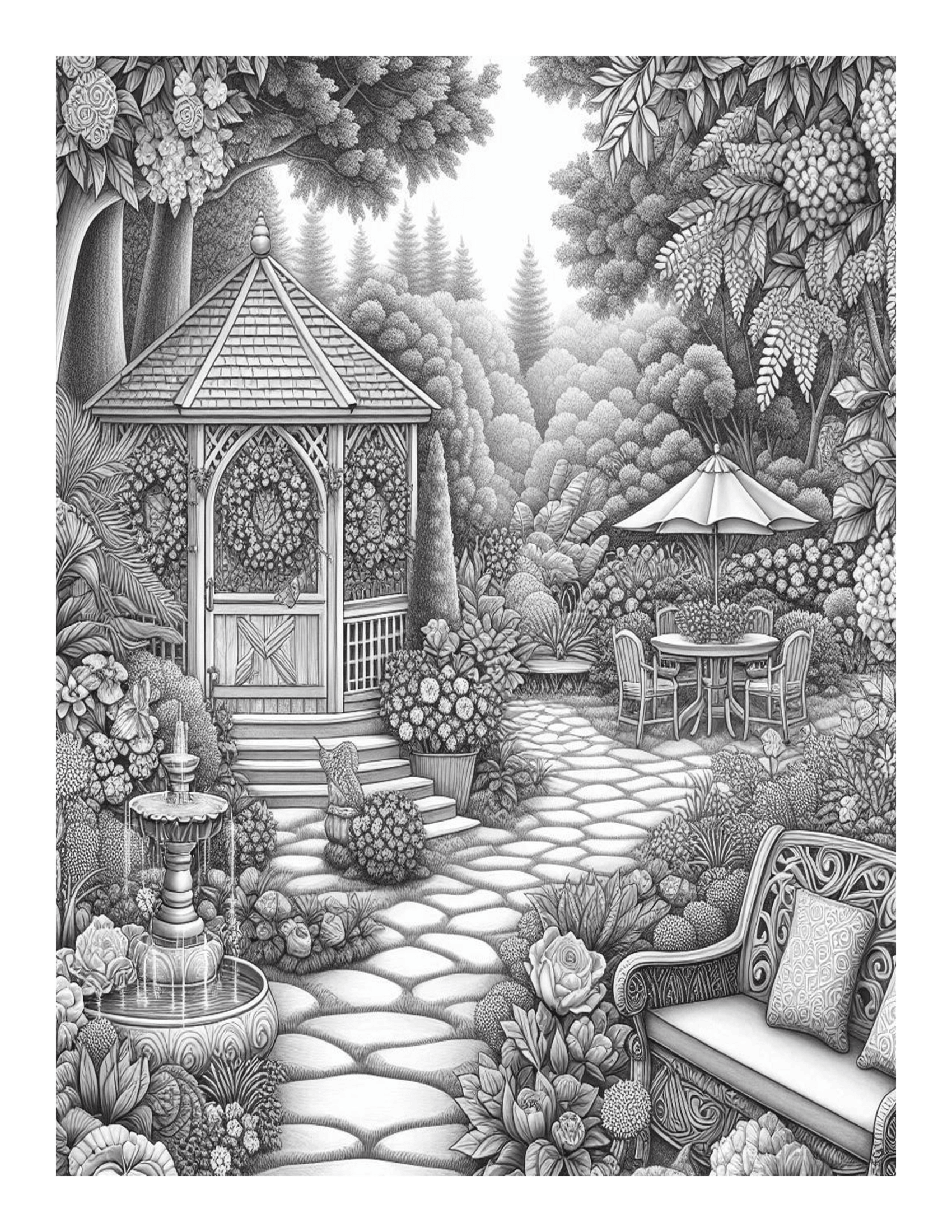 Grayscale Cozy Garden Features 25 Printable Coloring Pages 