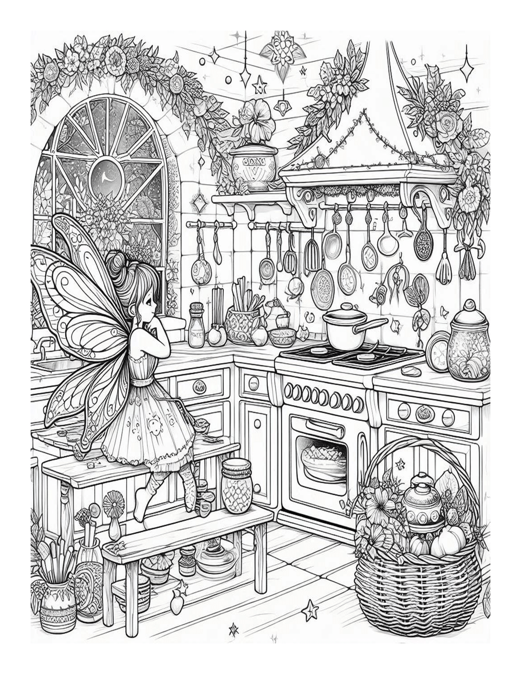 Grayscale Beautiful Fairy Kitchen Coloring Pages 