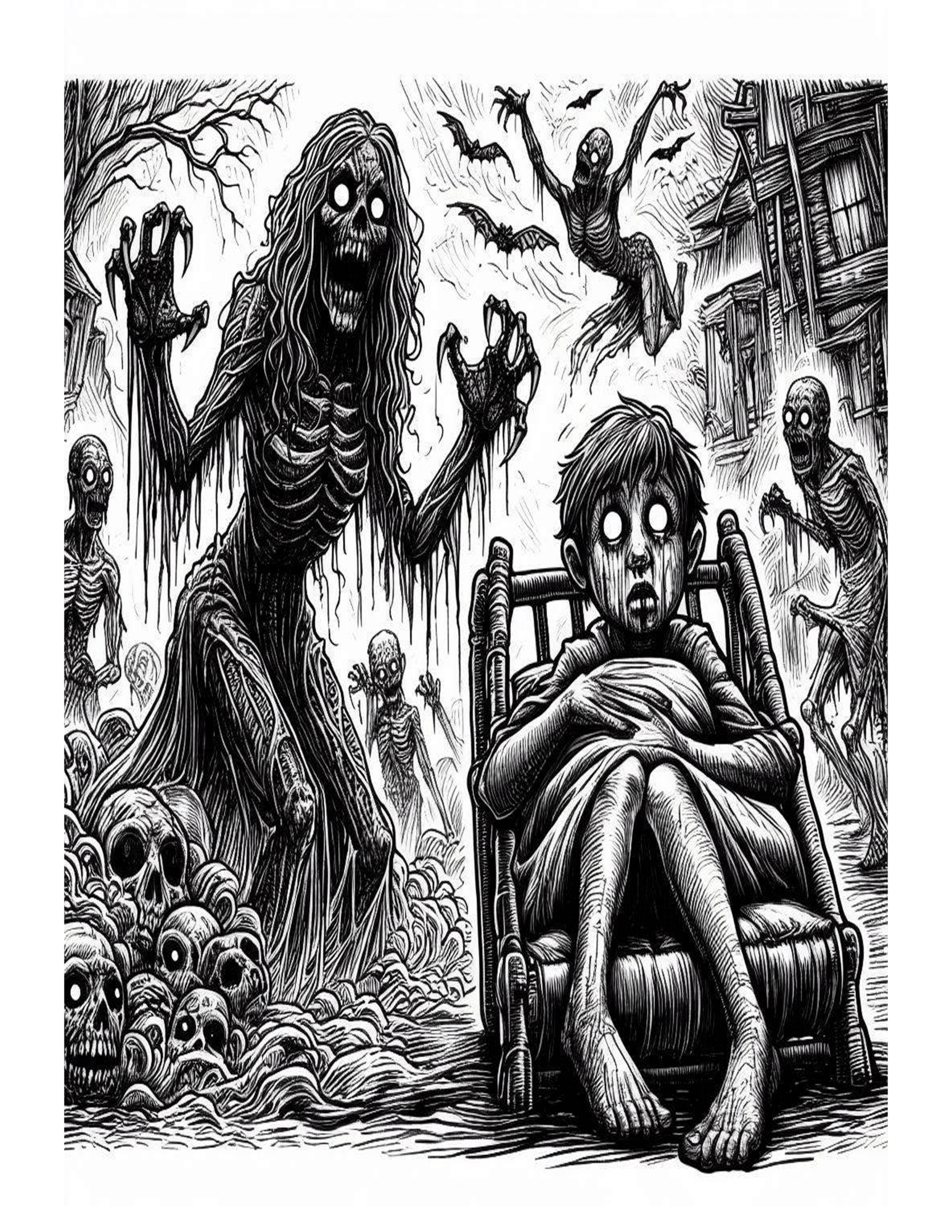Grayscale Nightmare Horror Halloween Coloring Pages 