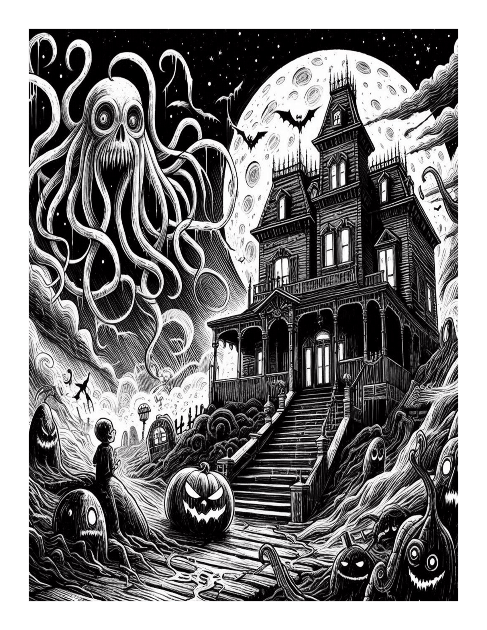 Grayscale Spooky Horror Adventures Coloring Pages 