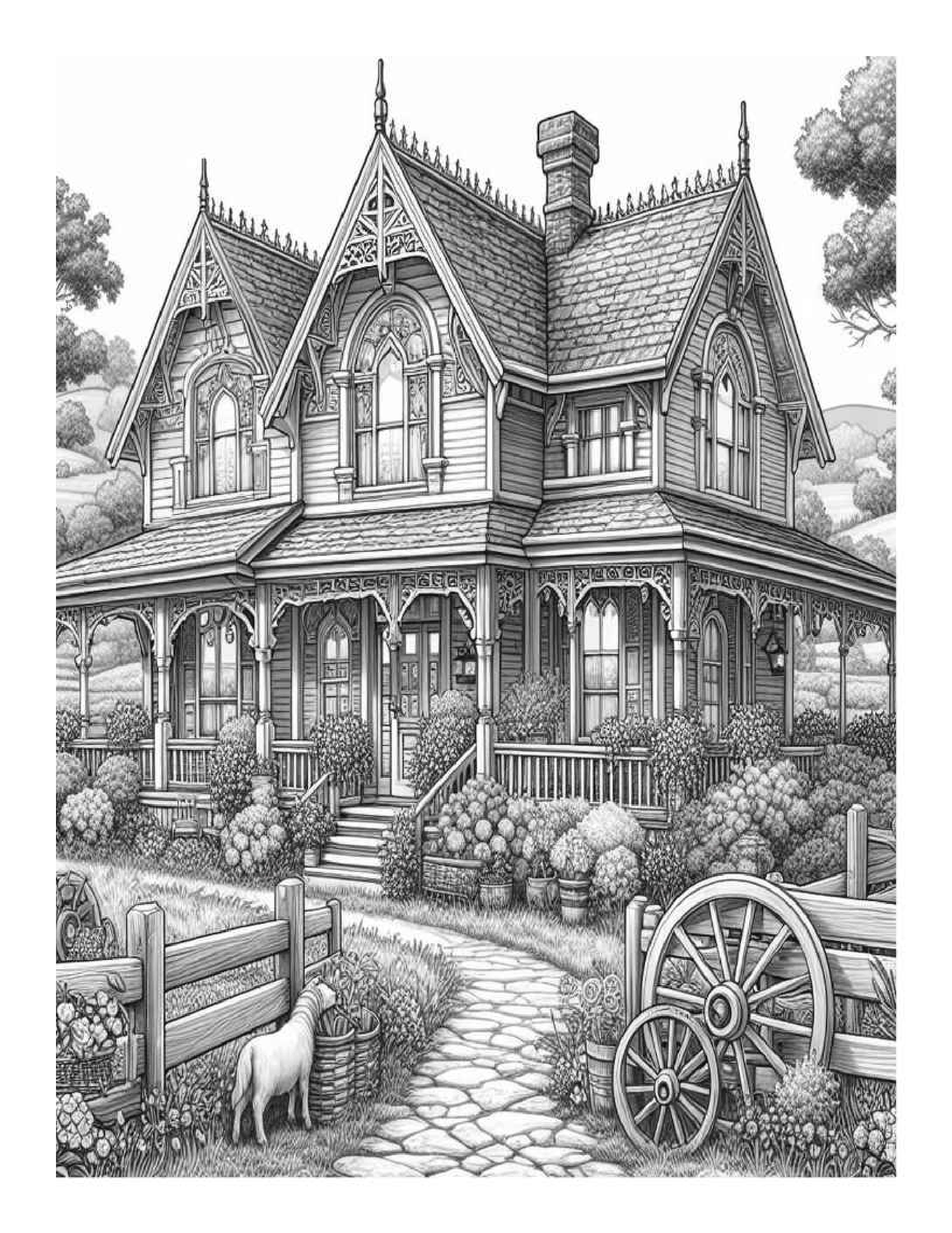 Grayscale Country Homes Coloring Pages for Adults (Printable PDF)
