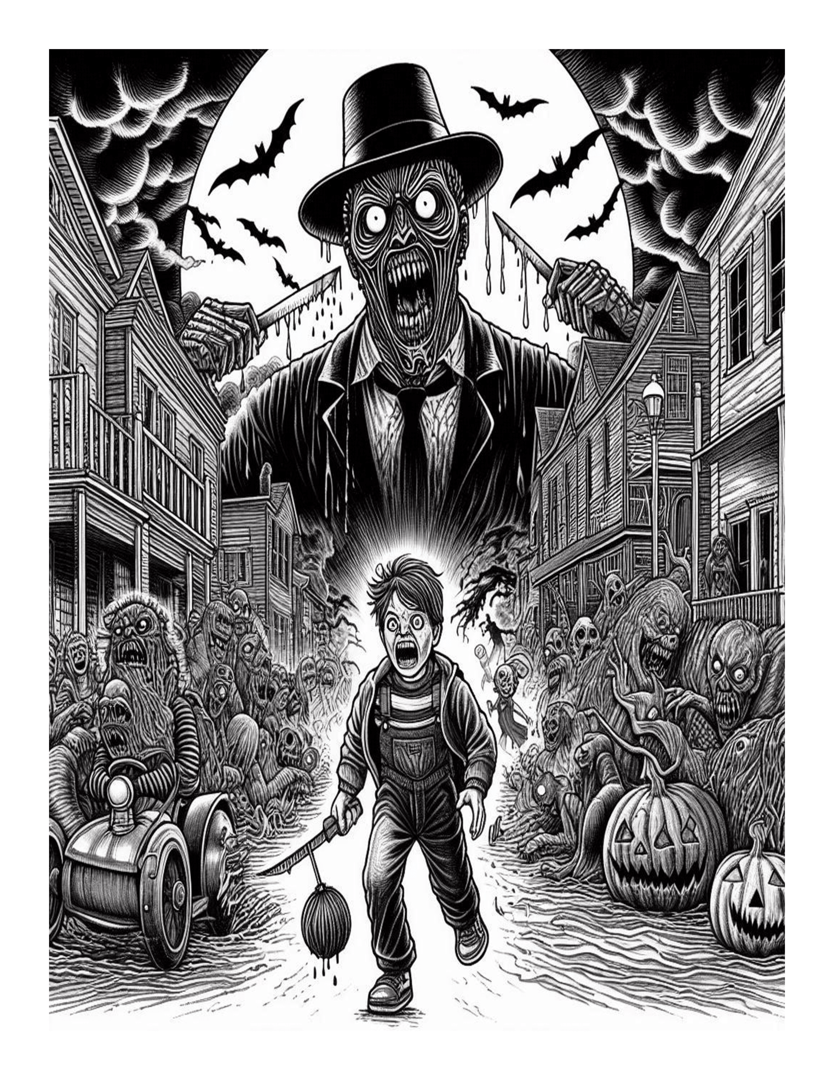 Grayscale Horror Comes to Town Coloring Pages 