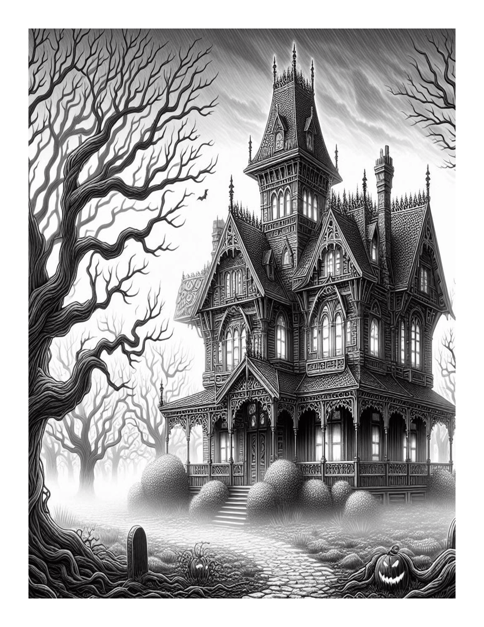 Grayscale Haunted Houses Coloring Pages: Features 25 Printable Coloring Pages 