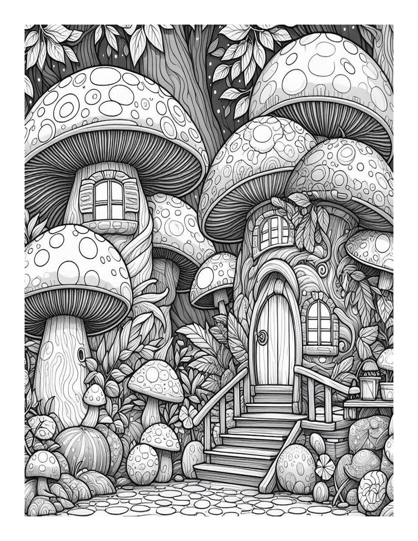 Grayscale Mushroom Houses Coloring Pages 