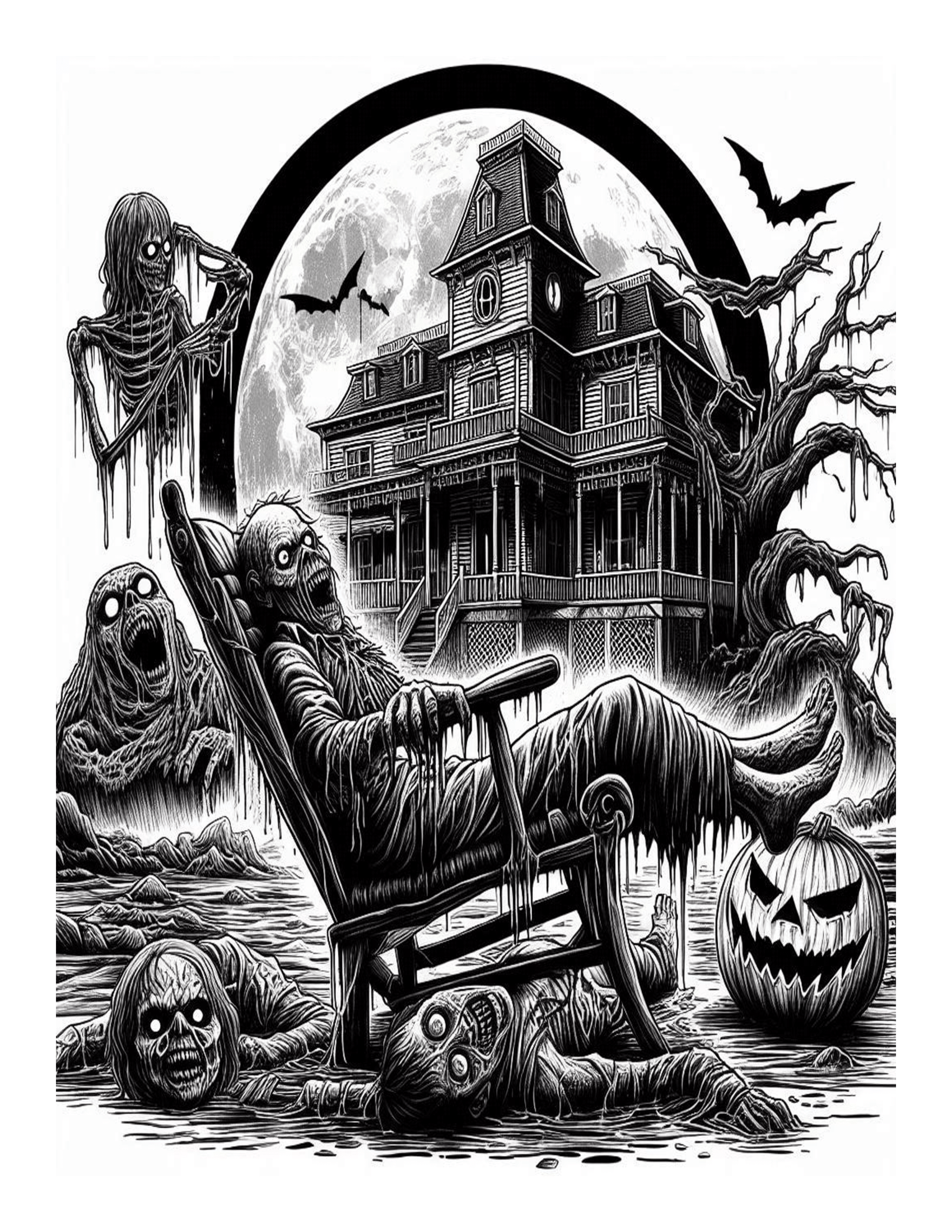 Grayscale Chilling Horror Coloring Pages 