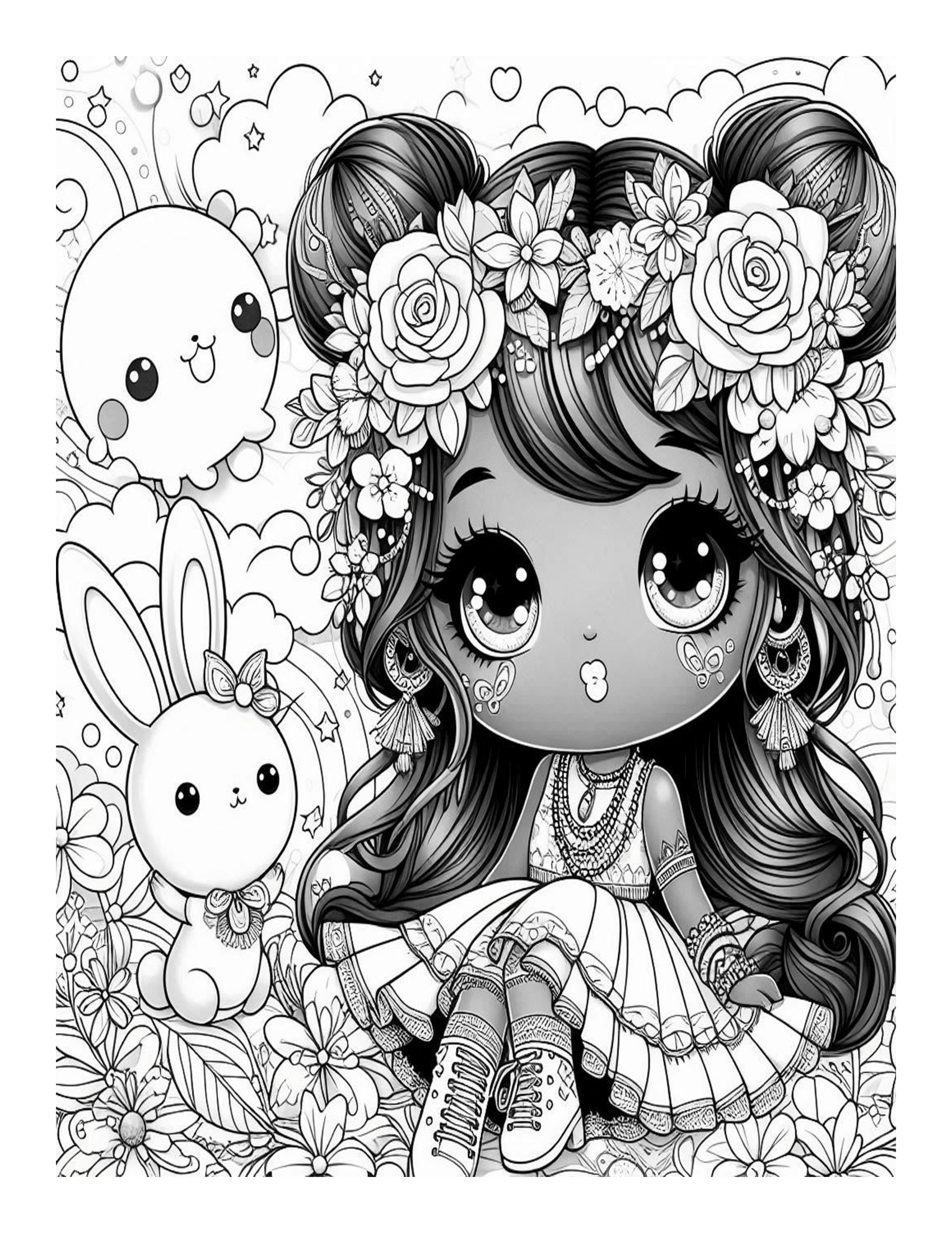 Grayscale Cute Little Girl's Coloring Pages 