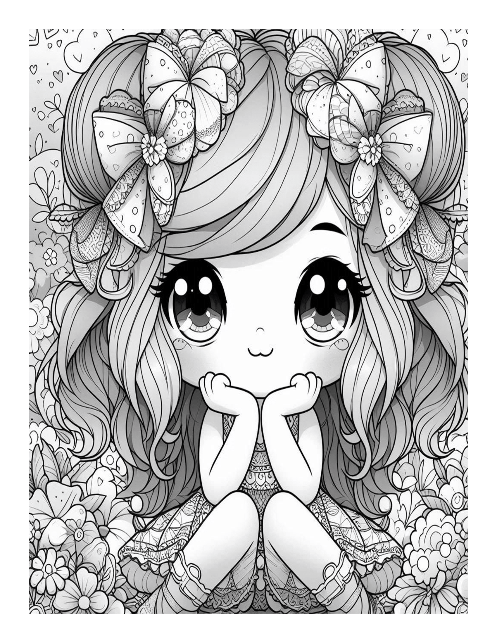Grayscale Cute Little Girl's Coloring Pages 