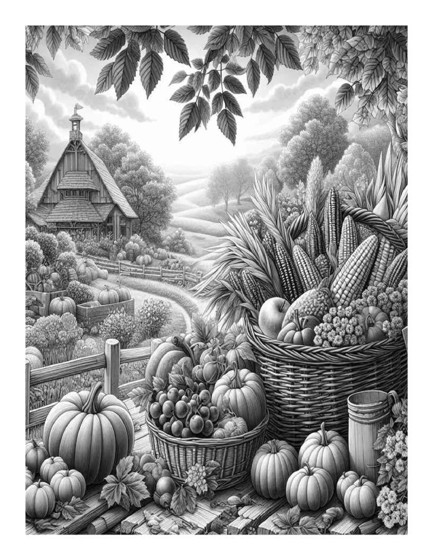 Grayscale Autumn Harvest Scenes Coloring Pages (Printable PDF)