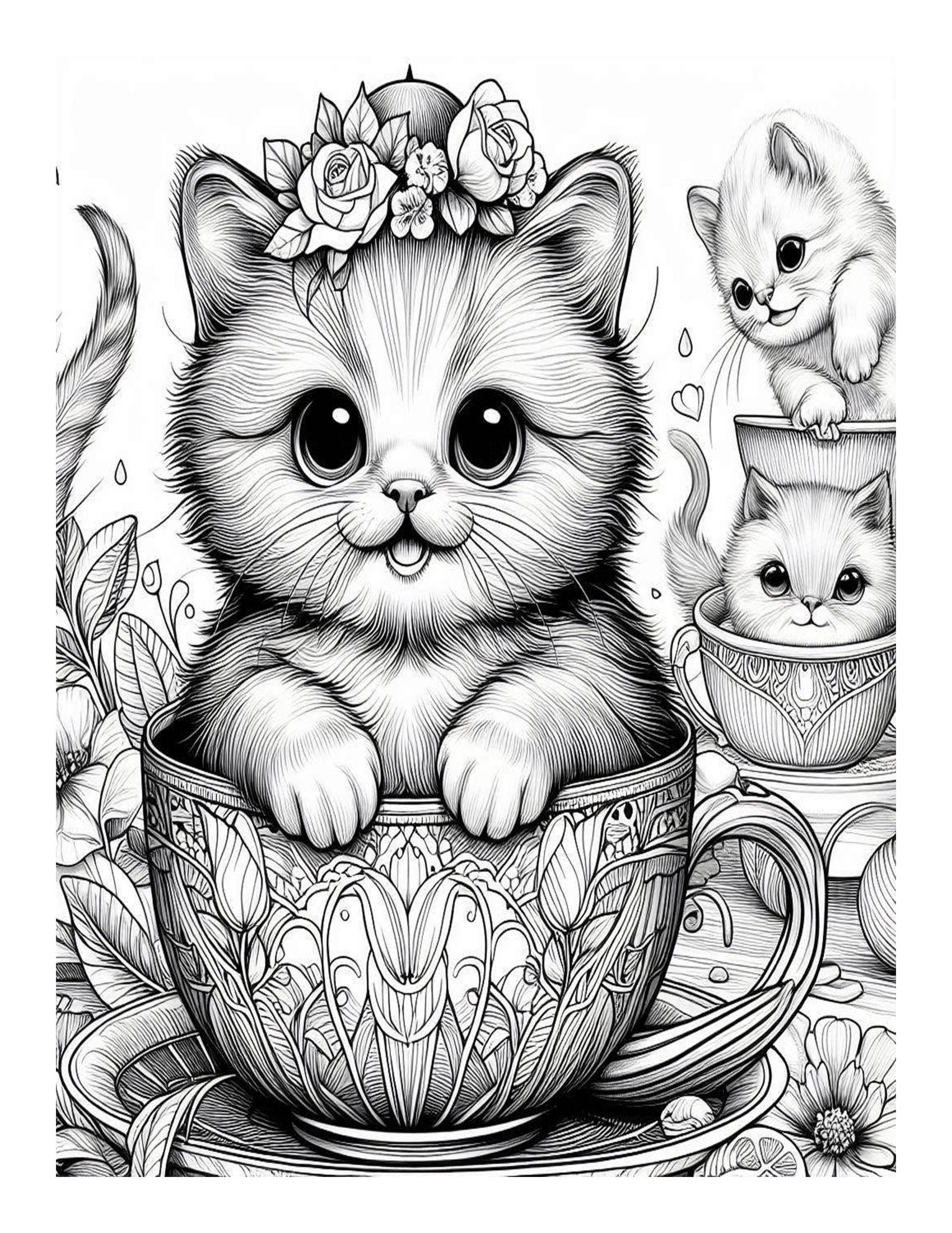 Grayscale Teacup Kittens Coloring Pages 