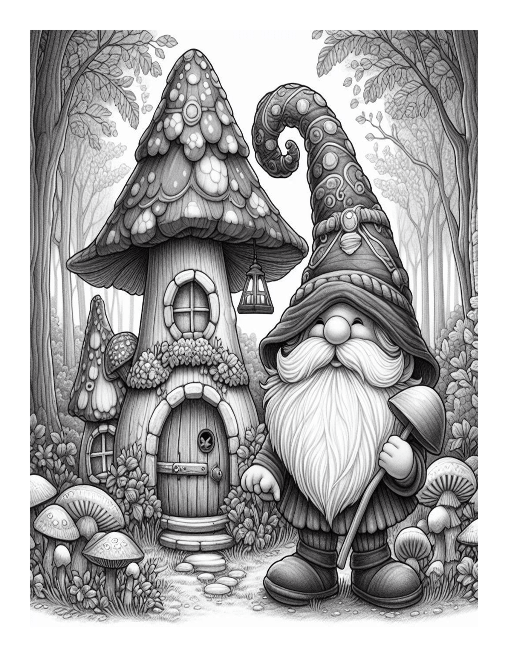 Grayscale Gnomes Mushroom Houses Coloring Pages 