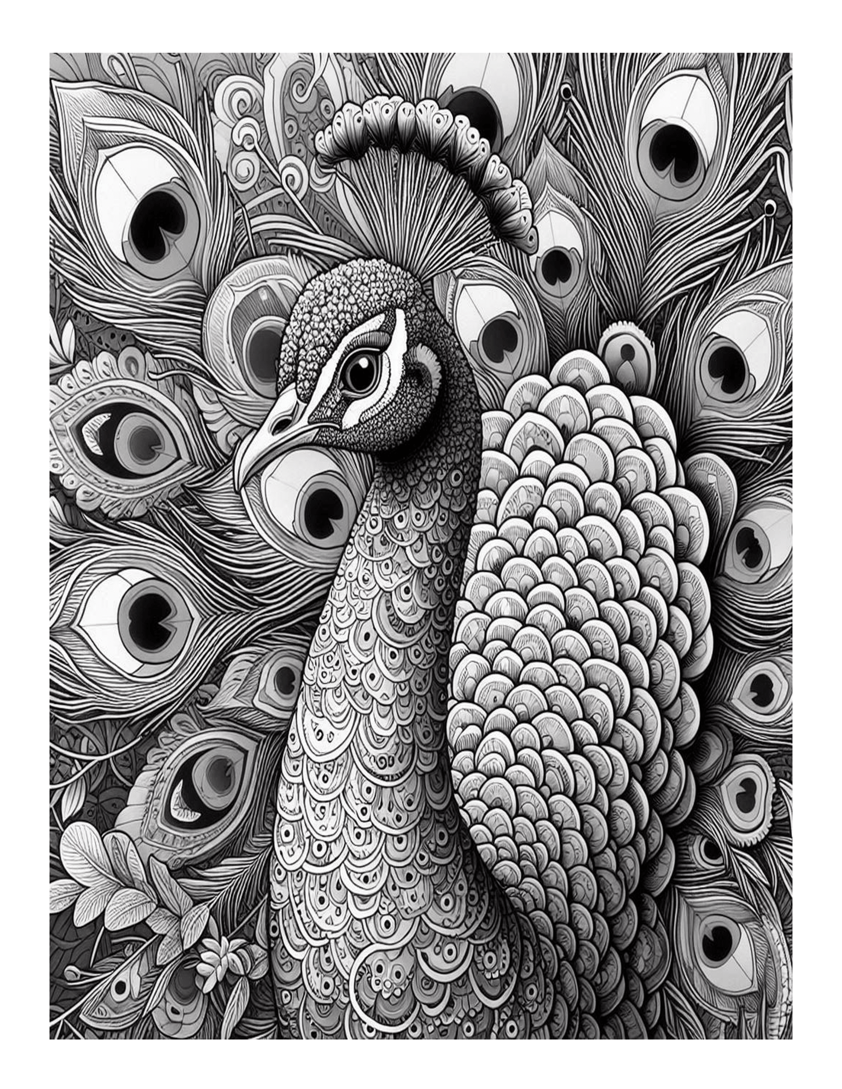 Grayscale Beautiful Peacock Designs Coloring Pages 