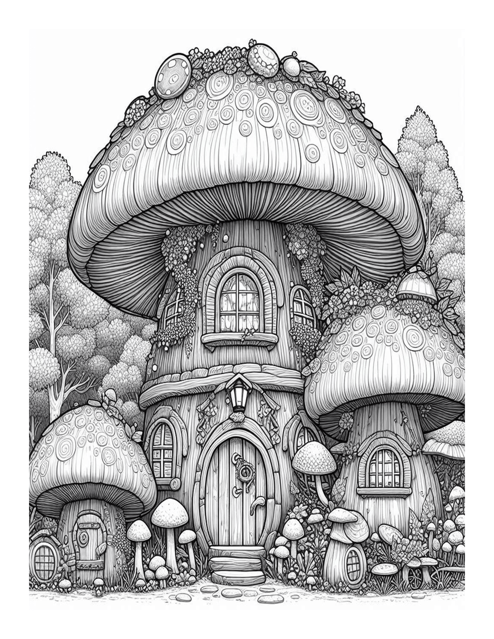 Grayscale Mushroom Houses Coloring Pages 
