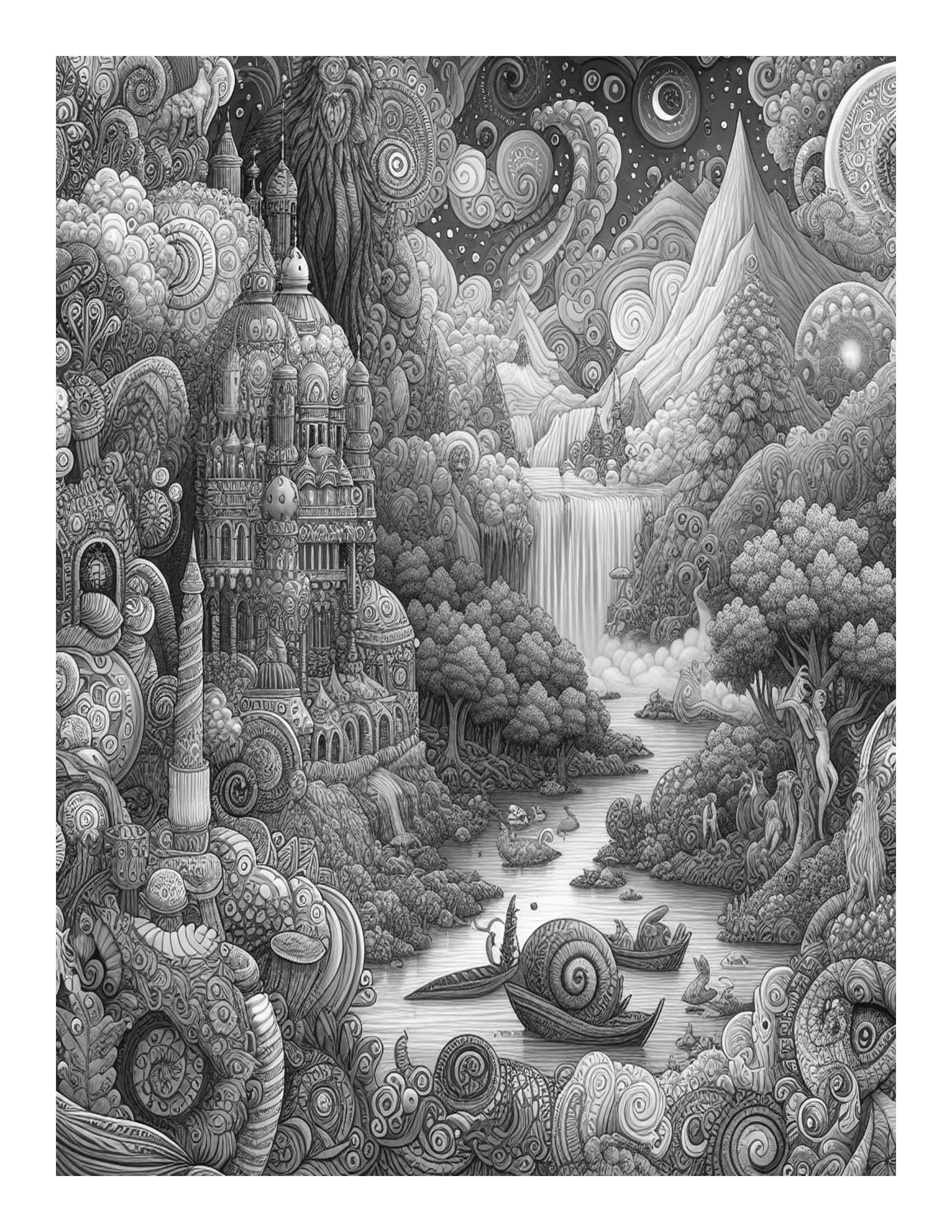 Grayscale Dreamscapes Adventures Coloring Pages