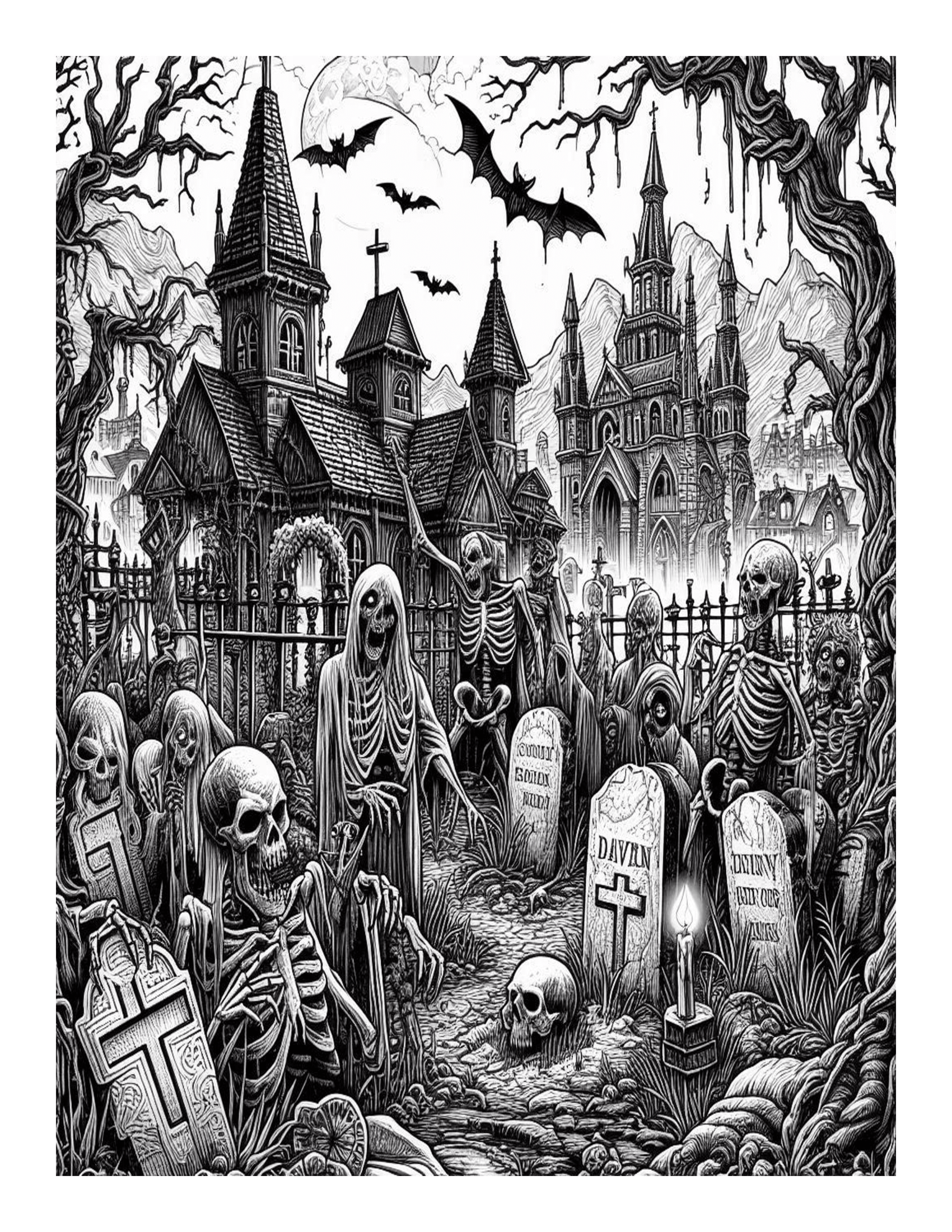 Grayscale The Graveyard Horror Coloring Pages 