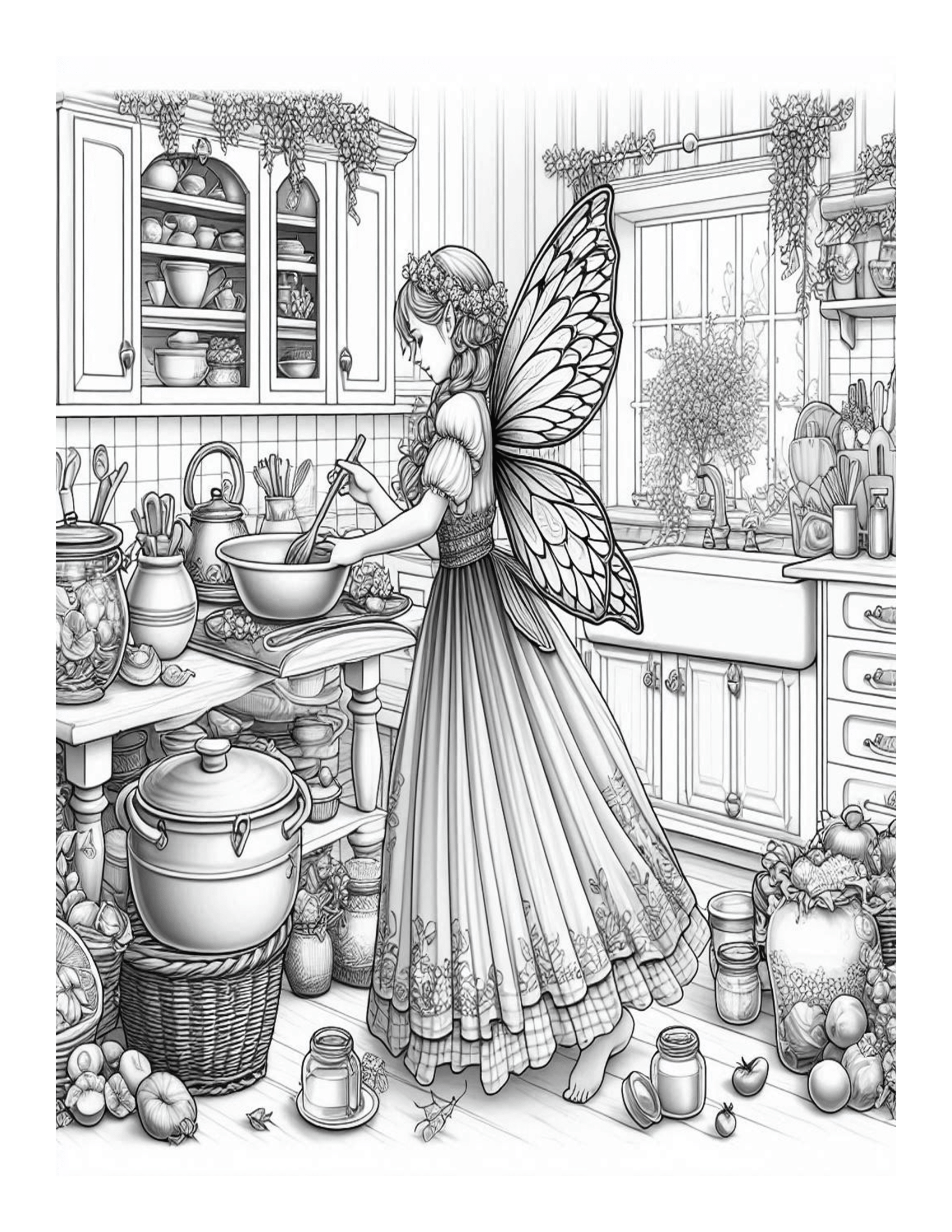 Grayscale Fairy Kitchen Coloring Pages 