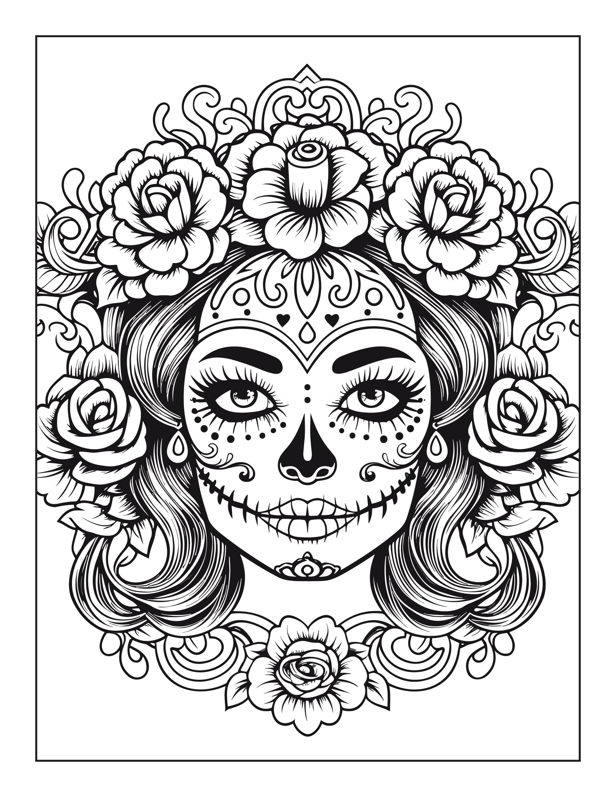Grayscale Day of the Dead Sugar Skulls Features 25 Printable Coloring Pages for Adults  