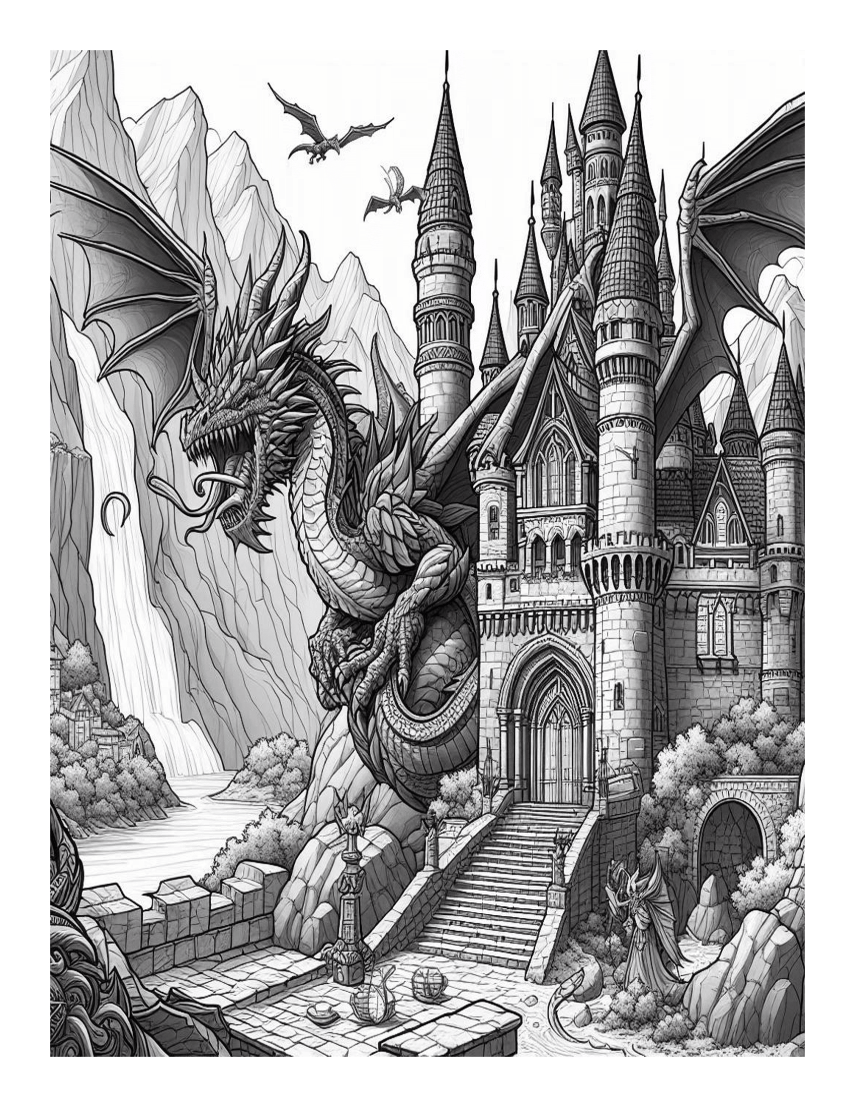 Grayscale Dragon Castle Adventures Coloring Pages 