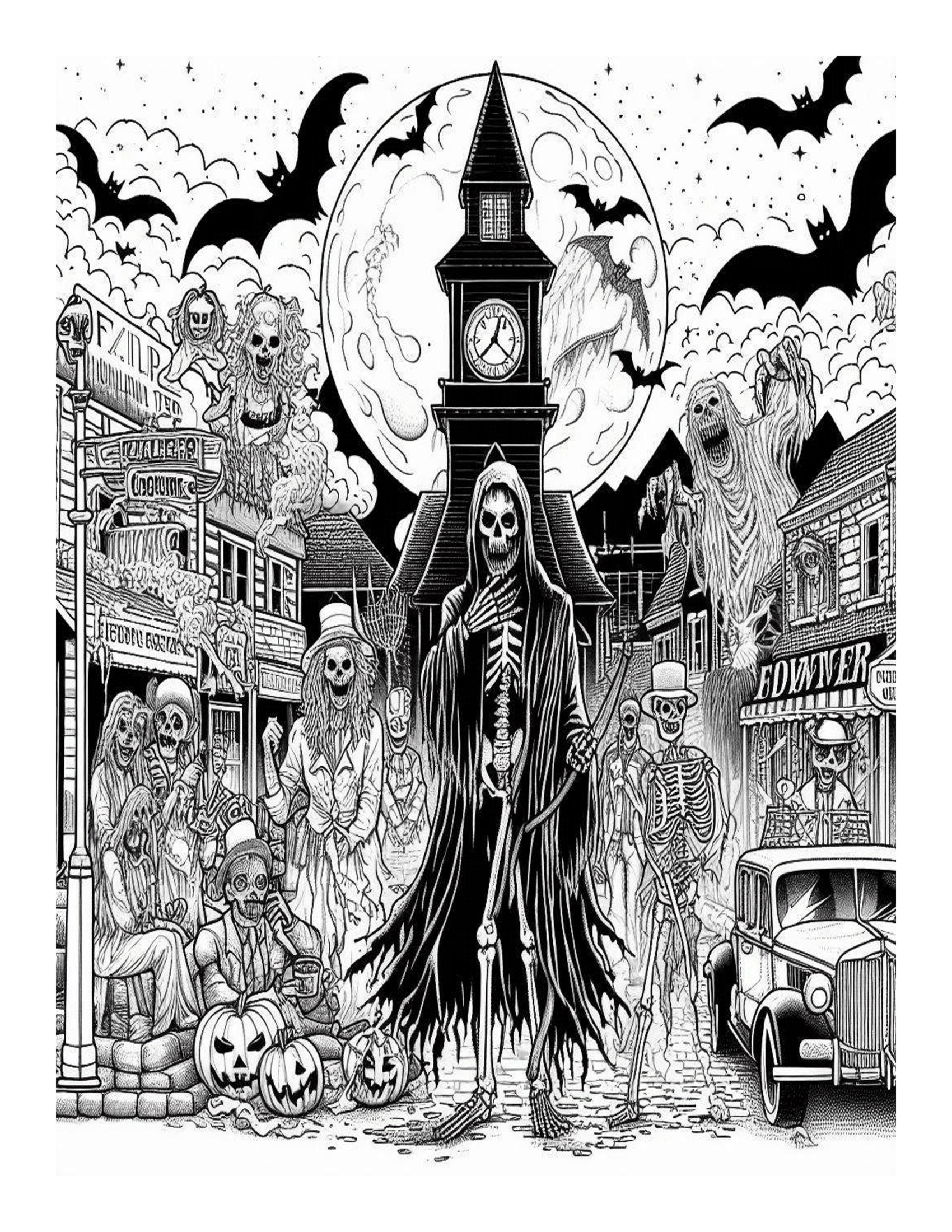 Grayscale Horror Comes to Town Coloring Pages 