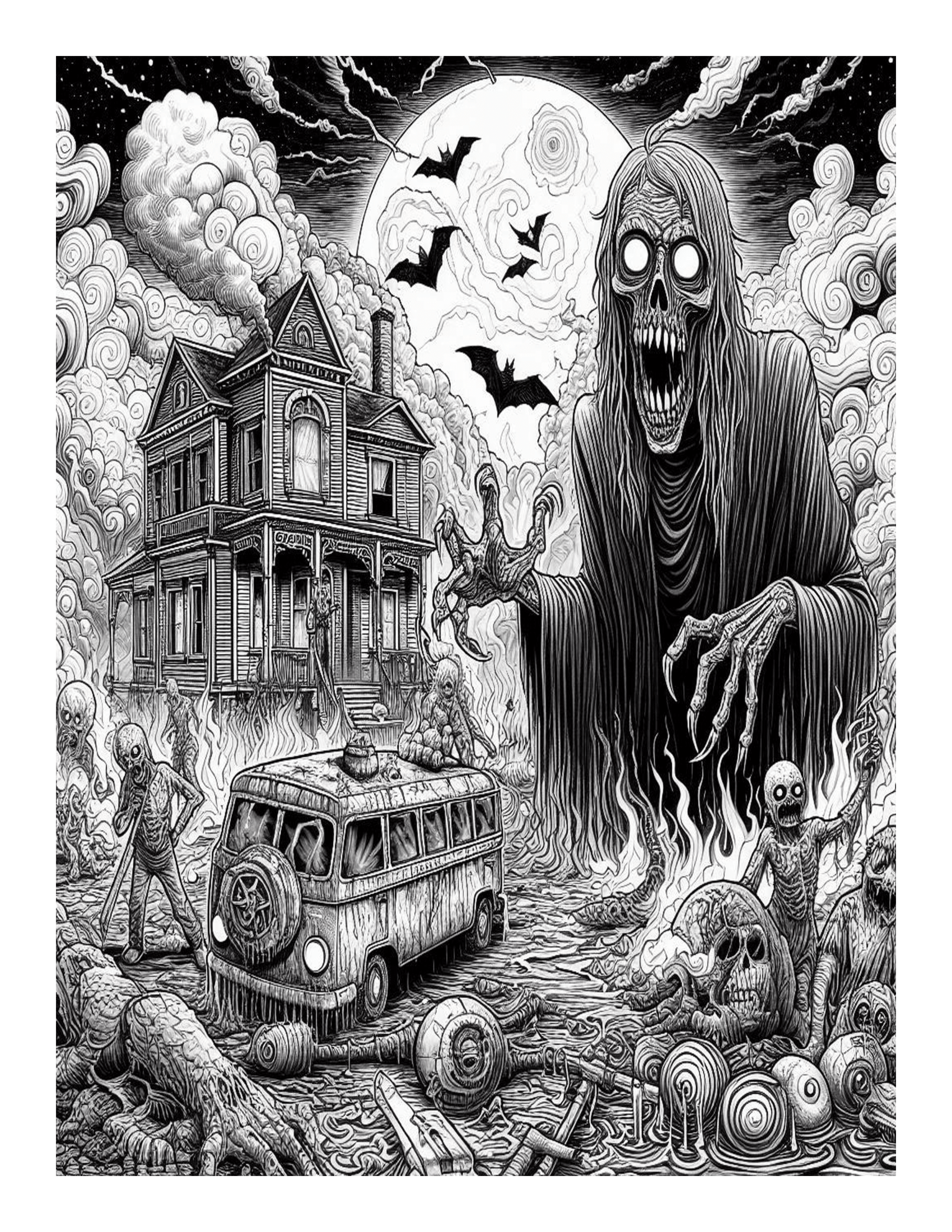 Grayscale Nightmare Horror Coloring Pages 