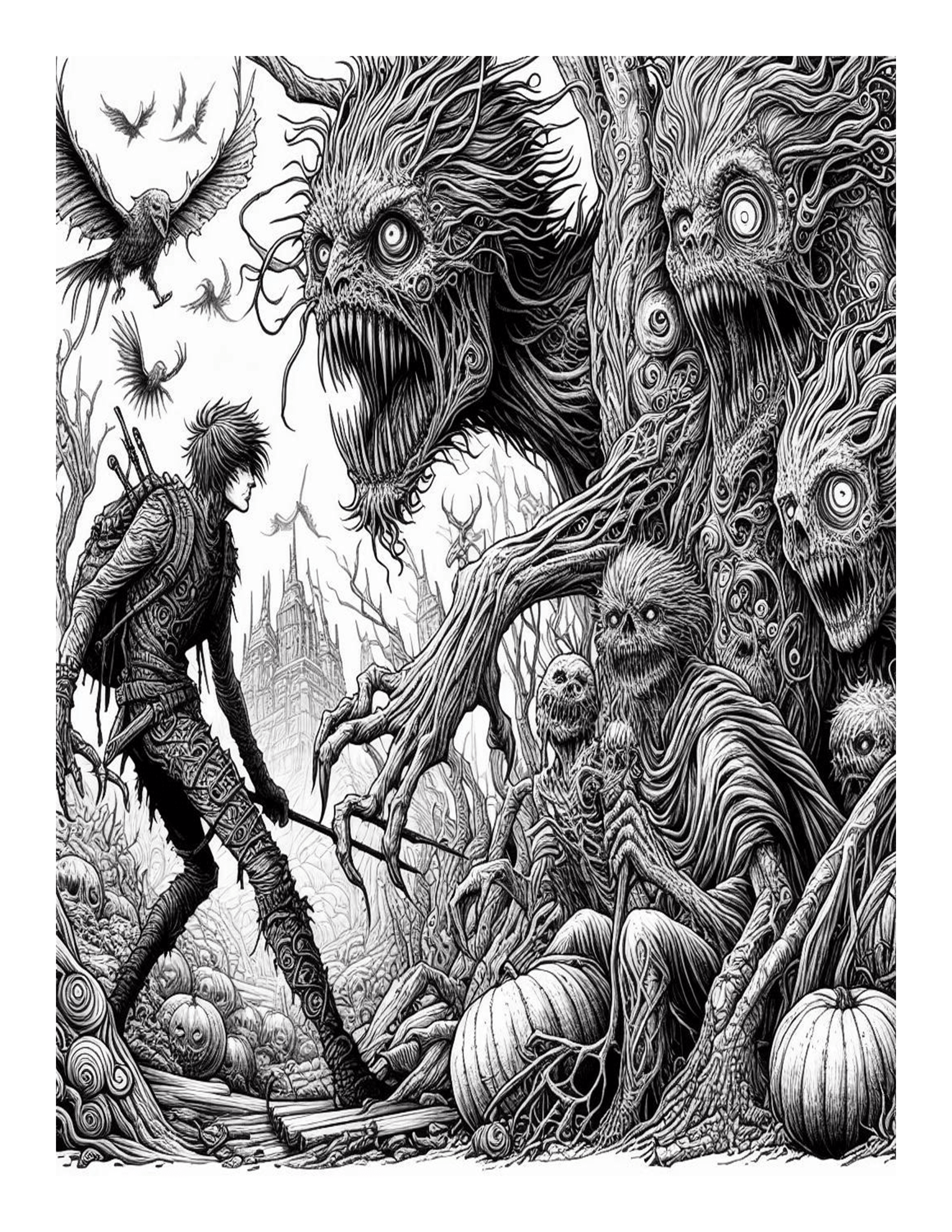 Grayscale Fantasy Horror Coloring Pages 