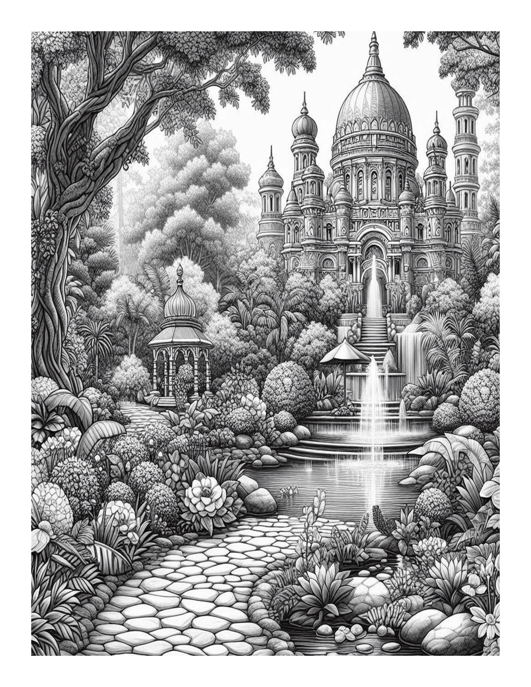 Grayscale Beautiful Gardens Coloring Pages 