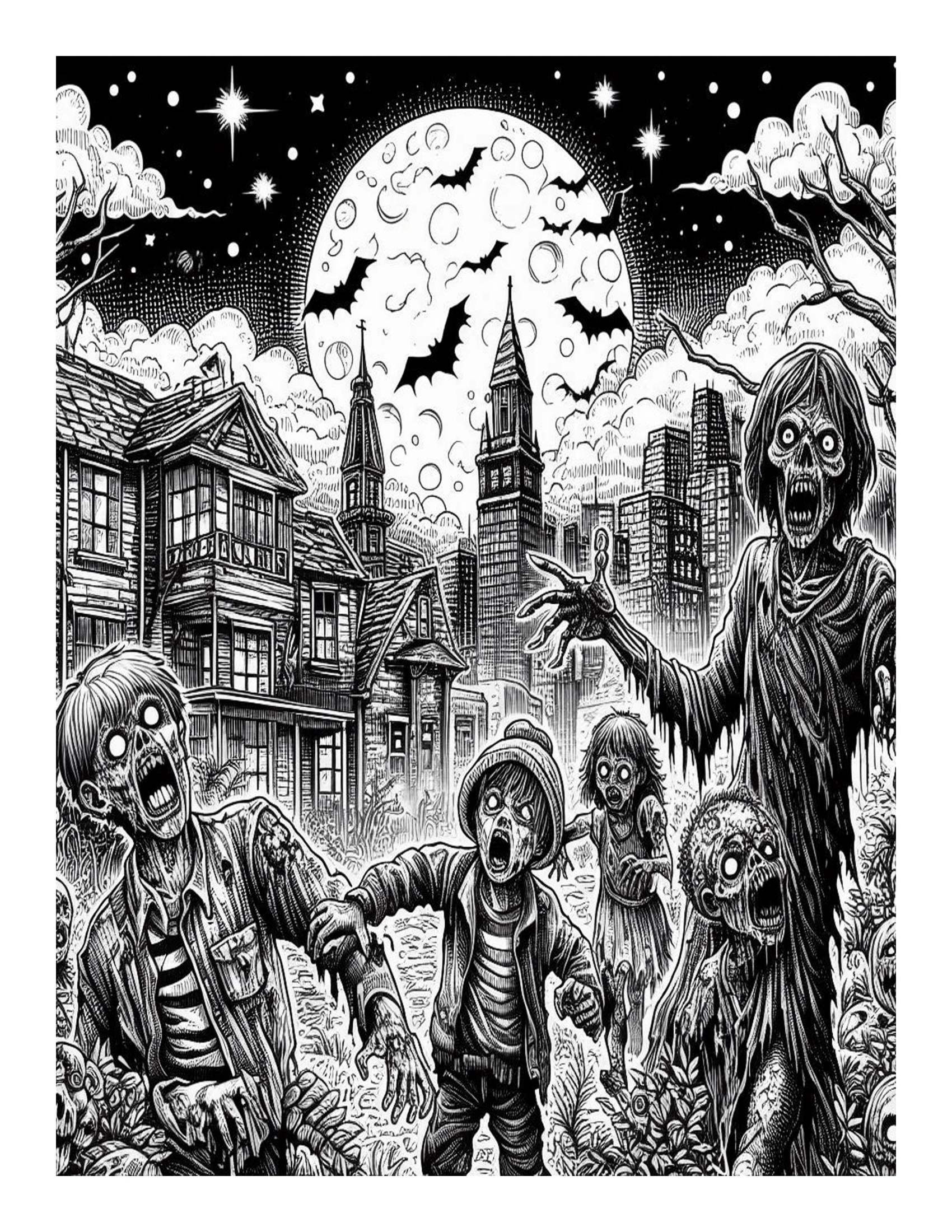 Grayscale Horror Night Halloween Coloring Pages 