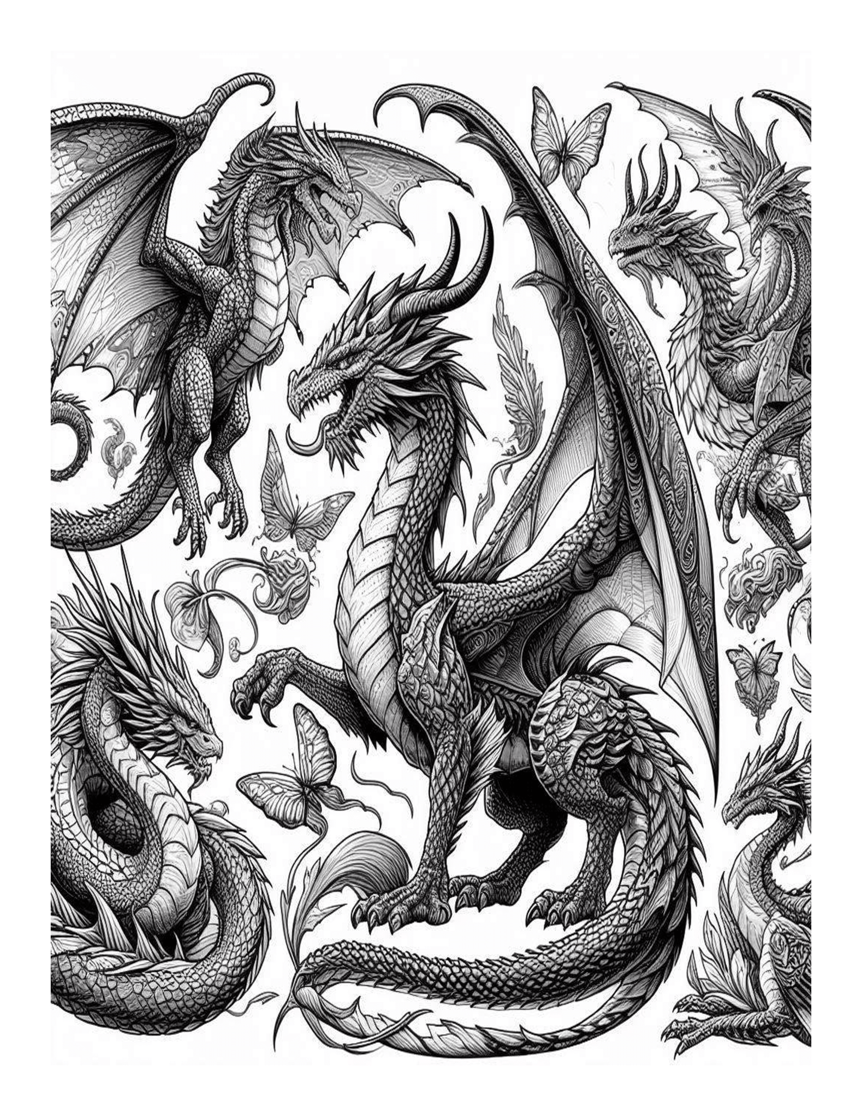 Grayscale Fantasy Dragon Coloring Pages 