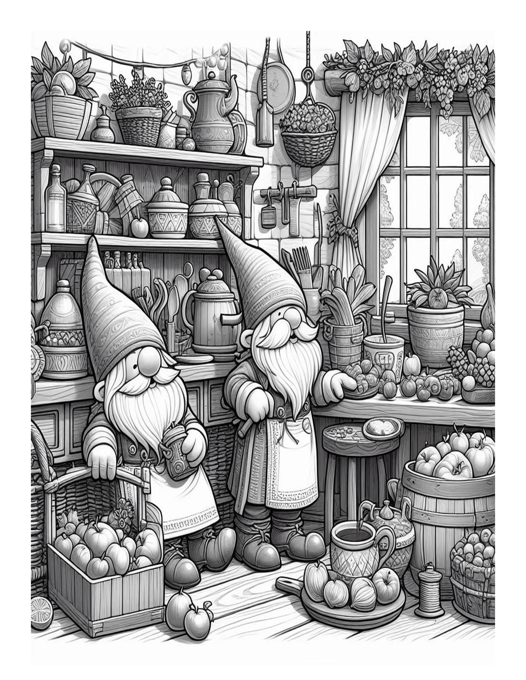 Grayscale Gnomes Country Kitchen Coloring Pages 