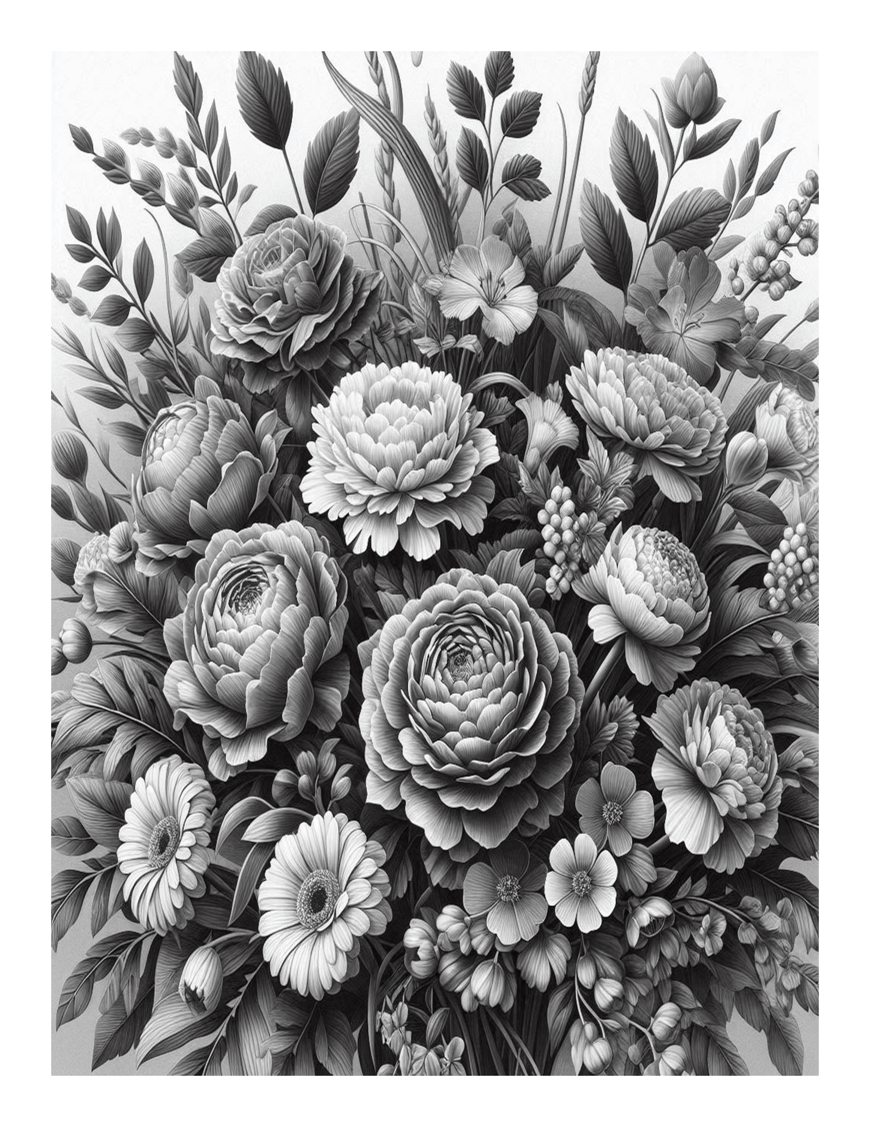 Grayscale Bouquet of Flowers Coloring Pages 