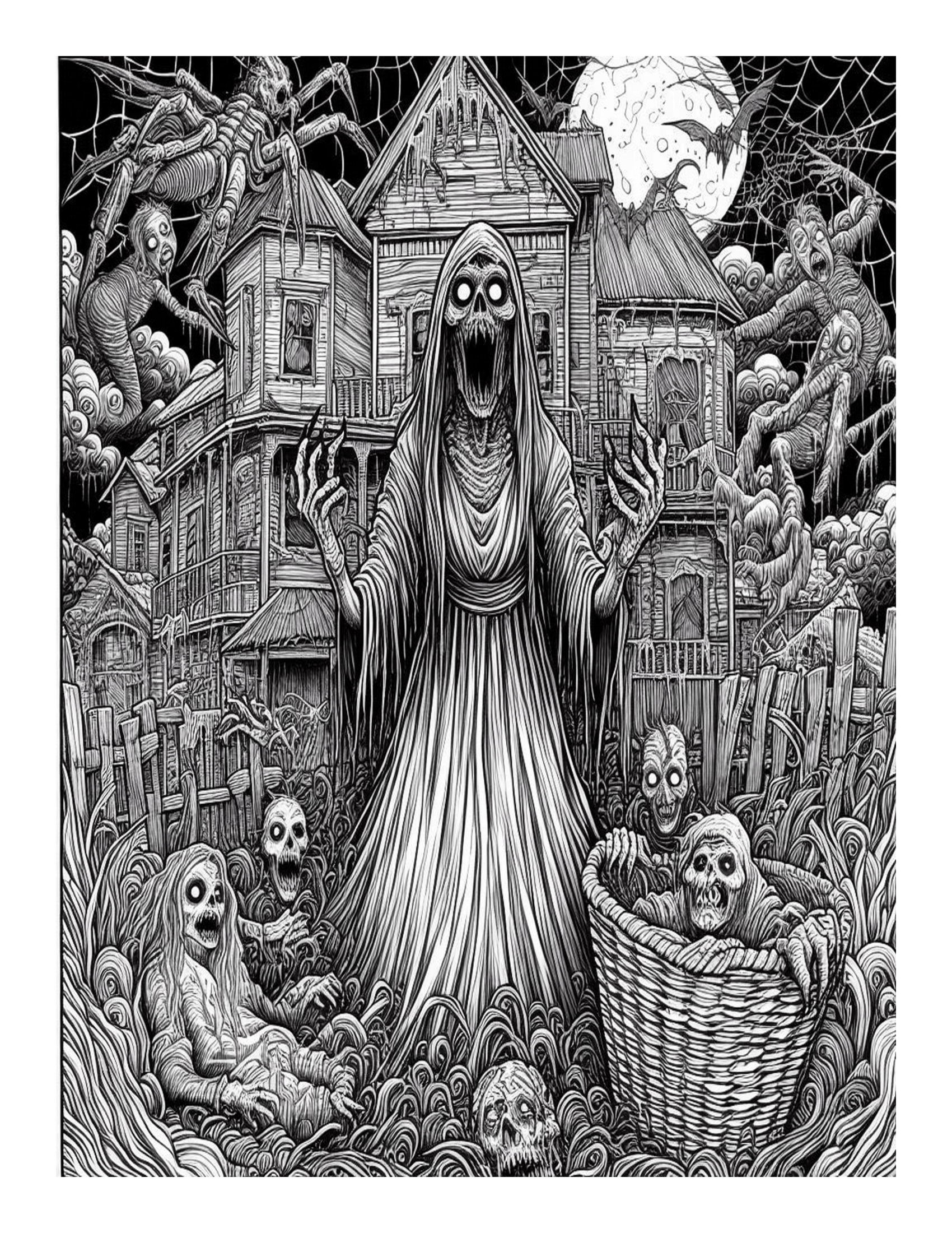 Grayscale Nightmare Horror Coloring Pages