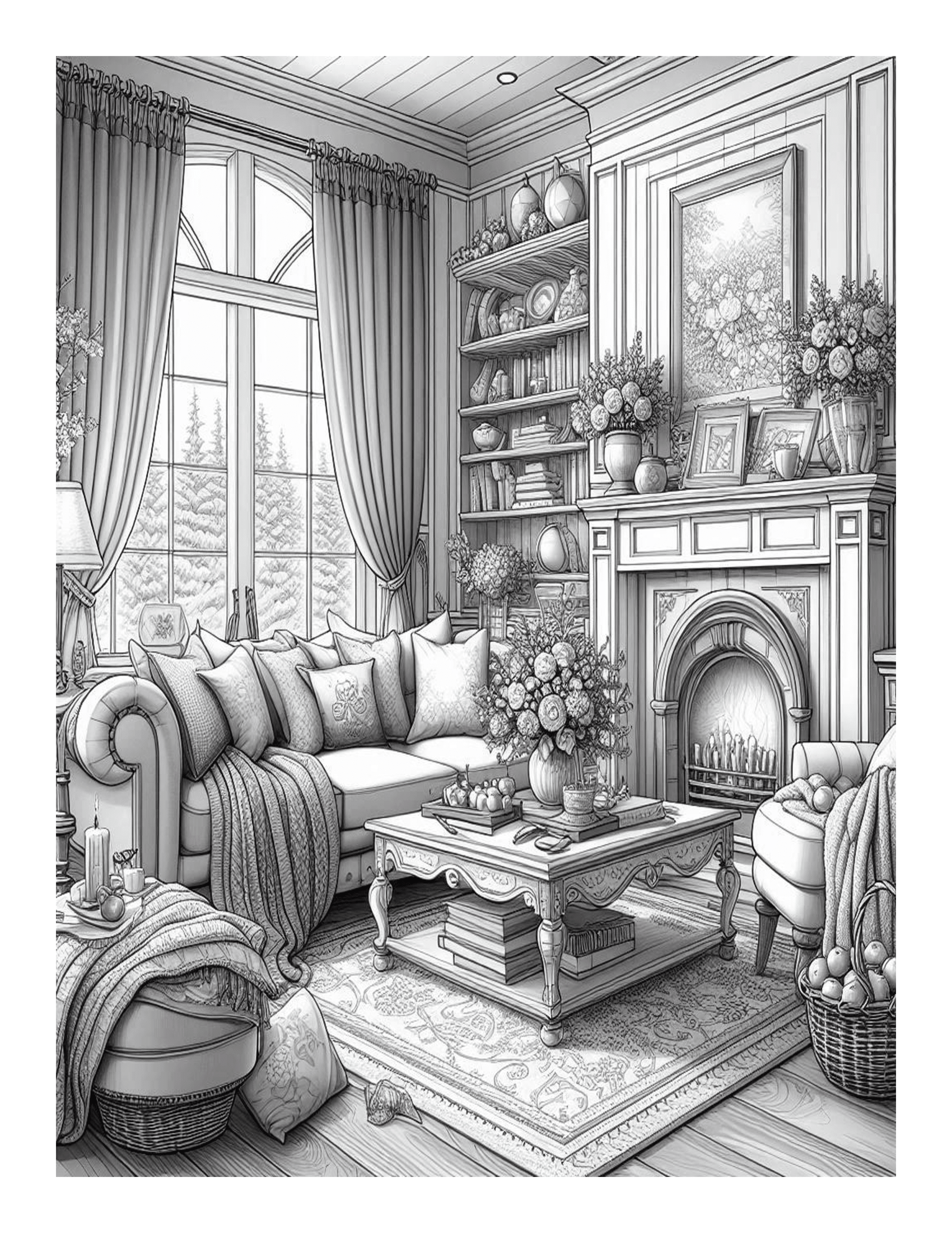Grayscale Cozy Living Room Designs Coloring Pages 