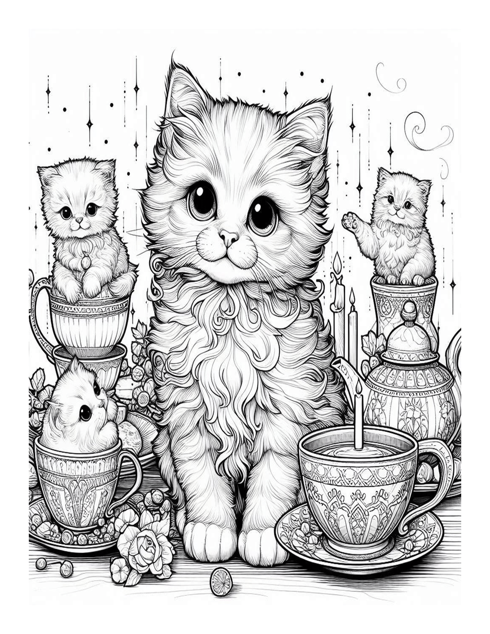 Grayscale Teacup Kittens Coloring Pages 