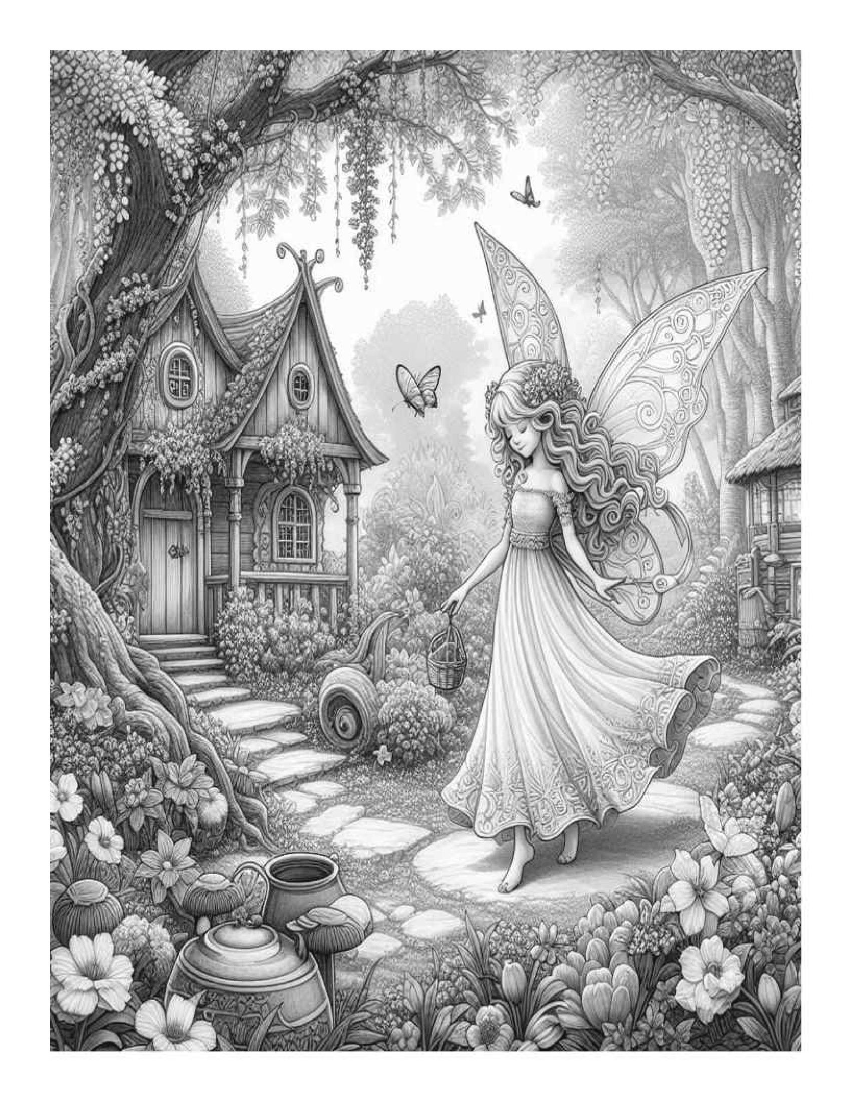 Grayscale Enchanting Fairy Garden Features 25 Printable Coloring Pages for Adults  
