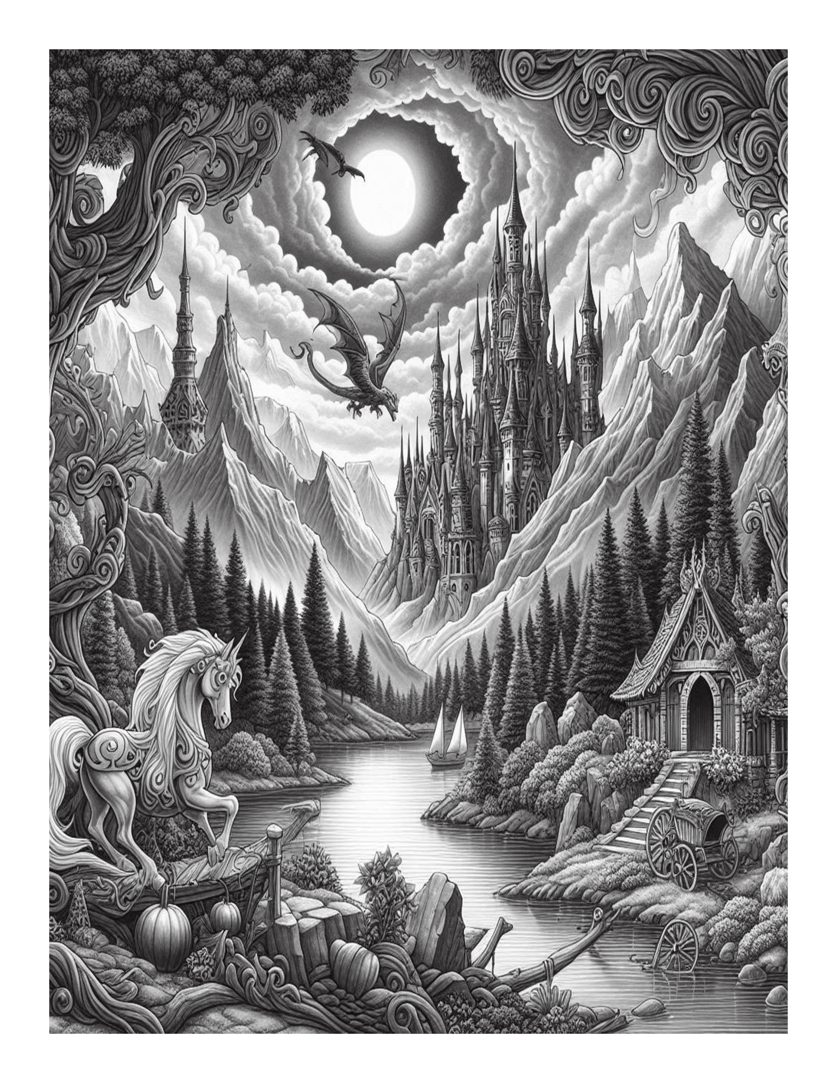 Grayscale Fantasy Landscapes Coloring Pages 