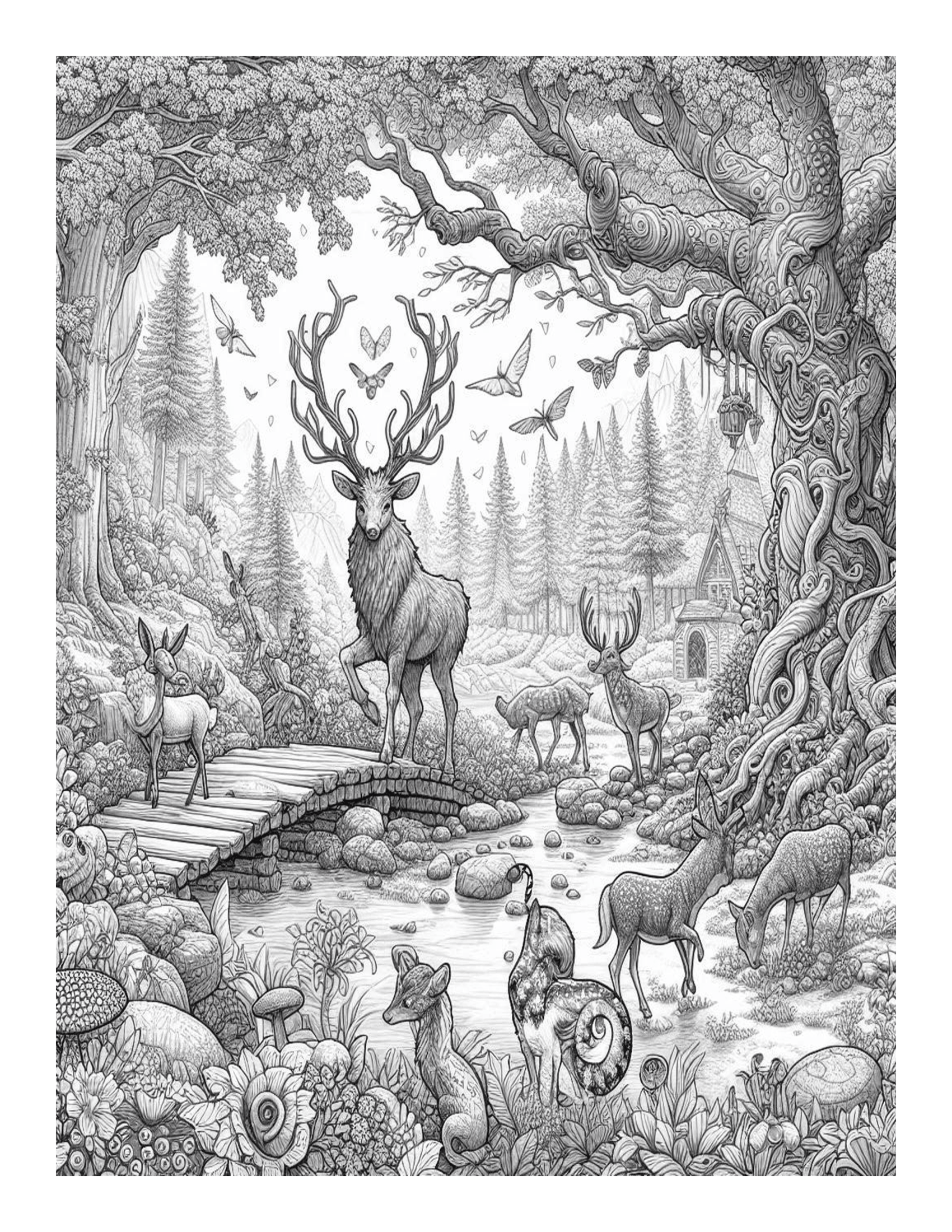 Grayscale Magical Forest Features 25 Printable Coloring Pages