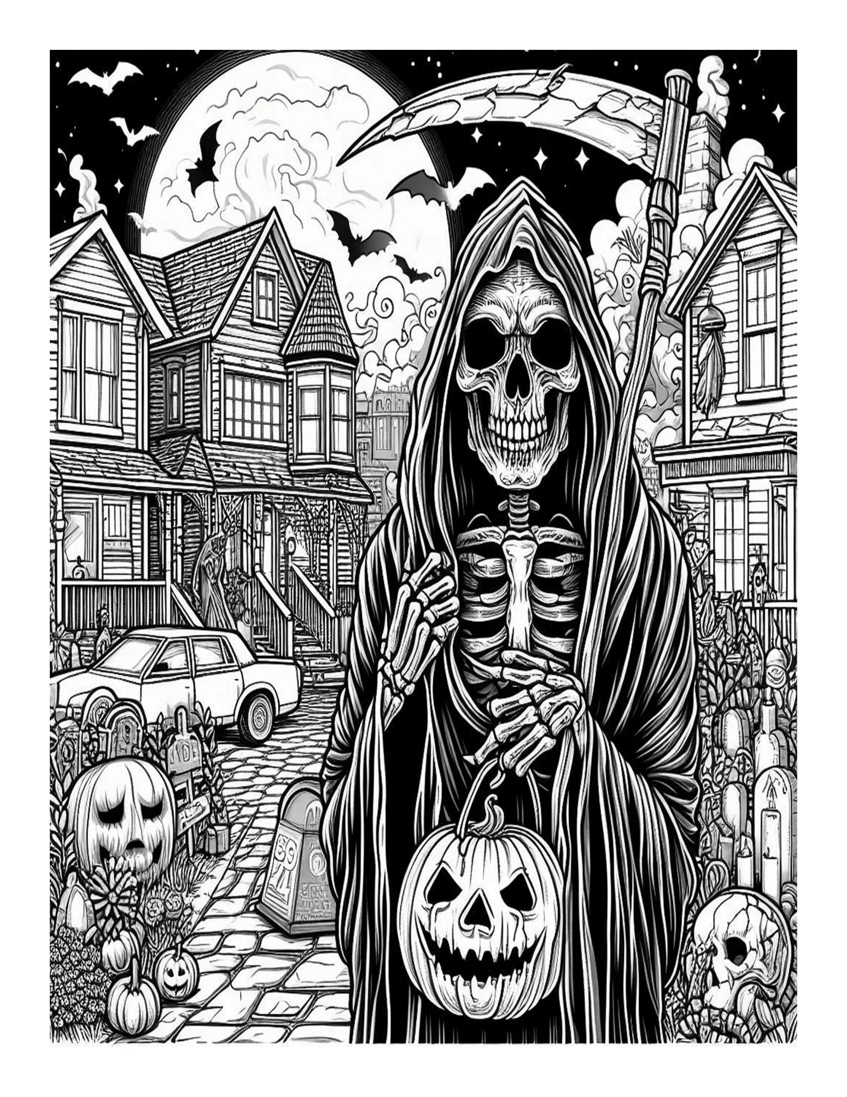 Grayscale Grim Reaper Horror Coloring Pages 